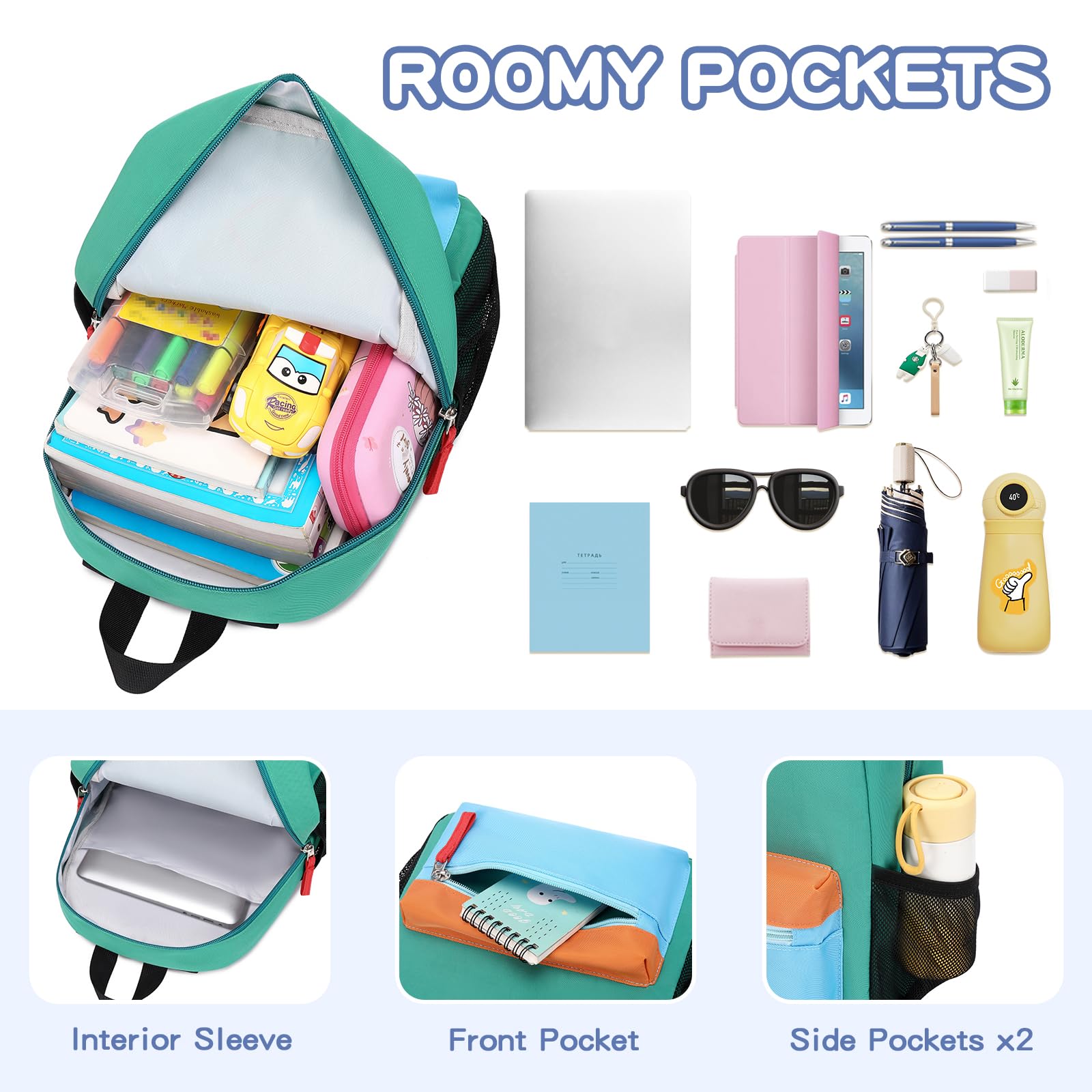 16'' Lightweight Kids Backpack for Boys & Girls - Durable School Bookbag for Elementary & Middle School Students Ages 5-14 - Lake Green & Blue Large Size Backpack - Perfect for School, Travel & Daily Use