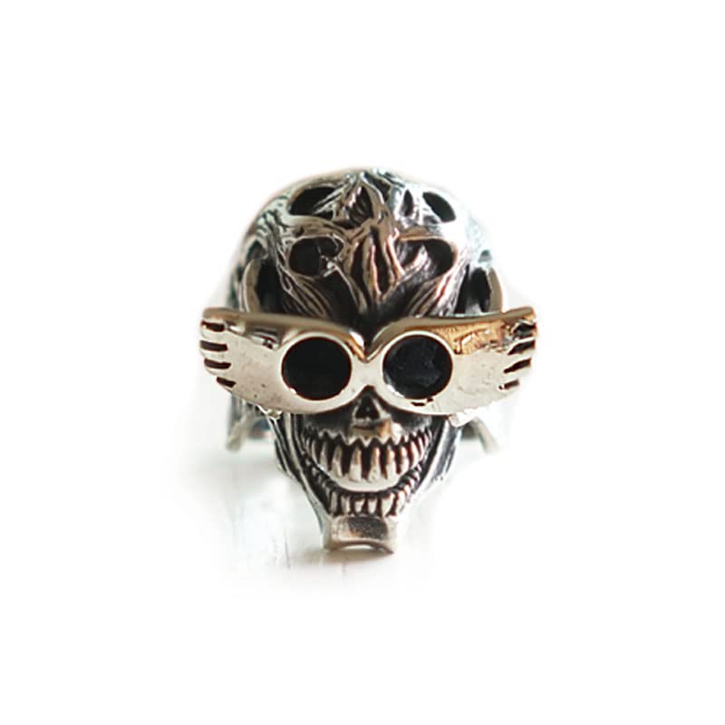 Monster Glasses Skull Ring for Men - 925 Sterling Silver Biker Gothic Jewelry - Vampire Style Accessory for Halloween, Cosplay & Punk Fashion