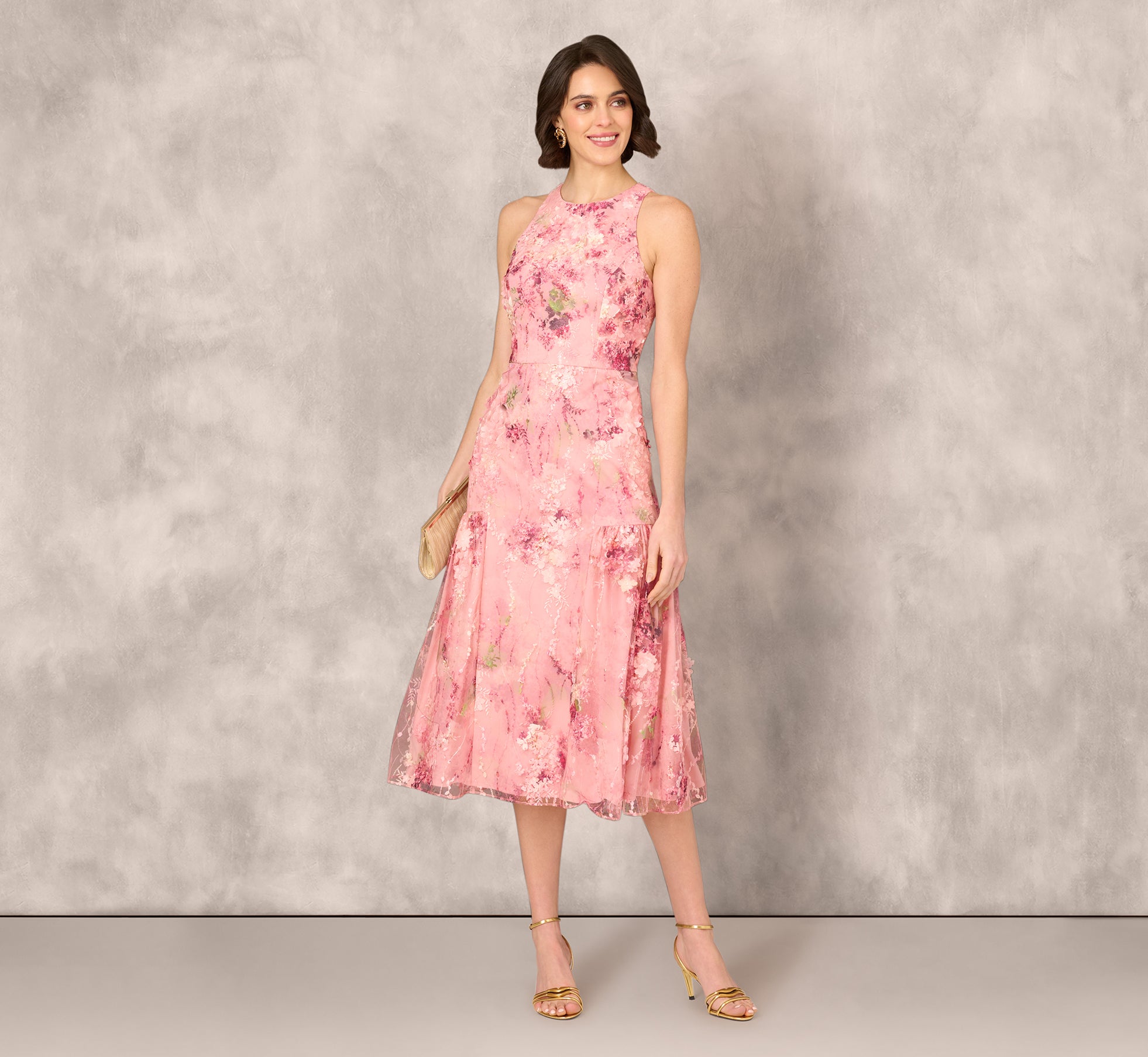 Elegant Sleeveless Embroidered Side Flounce Midi Dress in Pink Multi - Perfect for Summer Weddings, Garden Parties & Cocktail Events