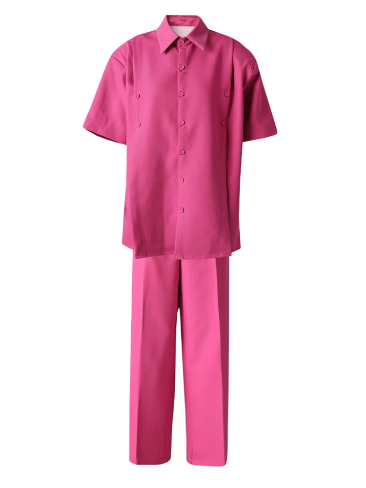 Women's Big Size Rose Red Shirt & Wide Leg Pants Two-Piece Suit - 2025 Spring Summer Fashion Trendy Lapel Short Sleeve Outfit (CPG3119) | Perfect for Office Wear, Date Night & Summer Parties