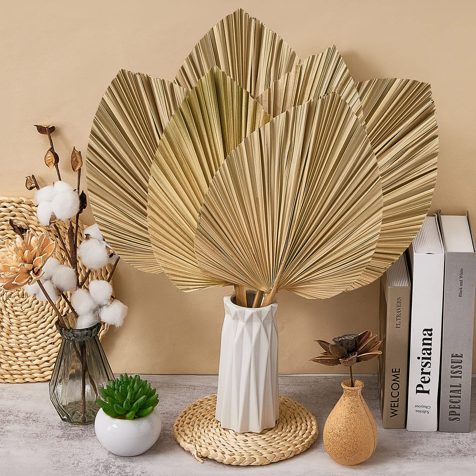 Fabbay 8-Piece Large 20x9 Inch Natural Dried Palm Leaves Decor Set - Tropical Spear & Heart-Shaped Fans for Boho Wedding, Party, Vase & Table Arrangements | Perfect for Beach Weddings, Luau Parties & Home Decor