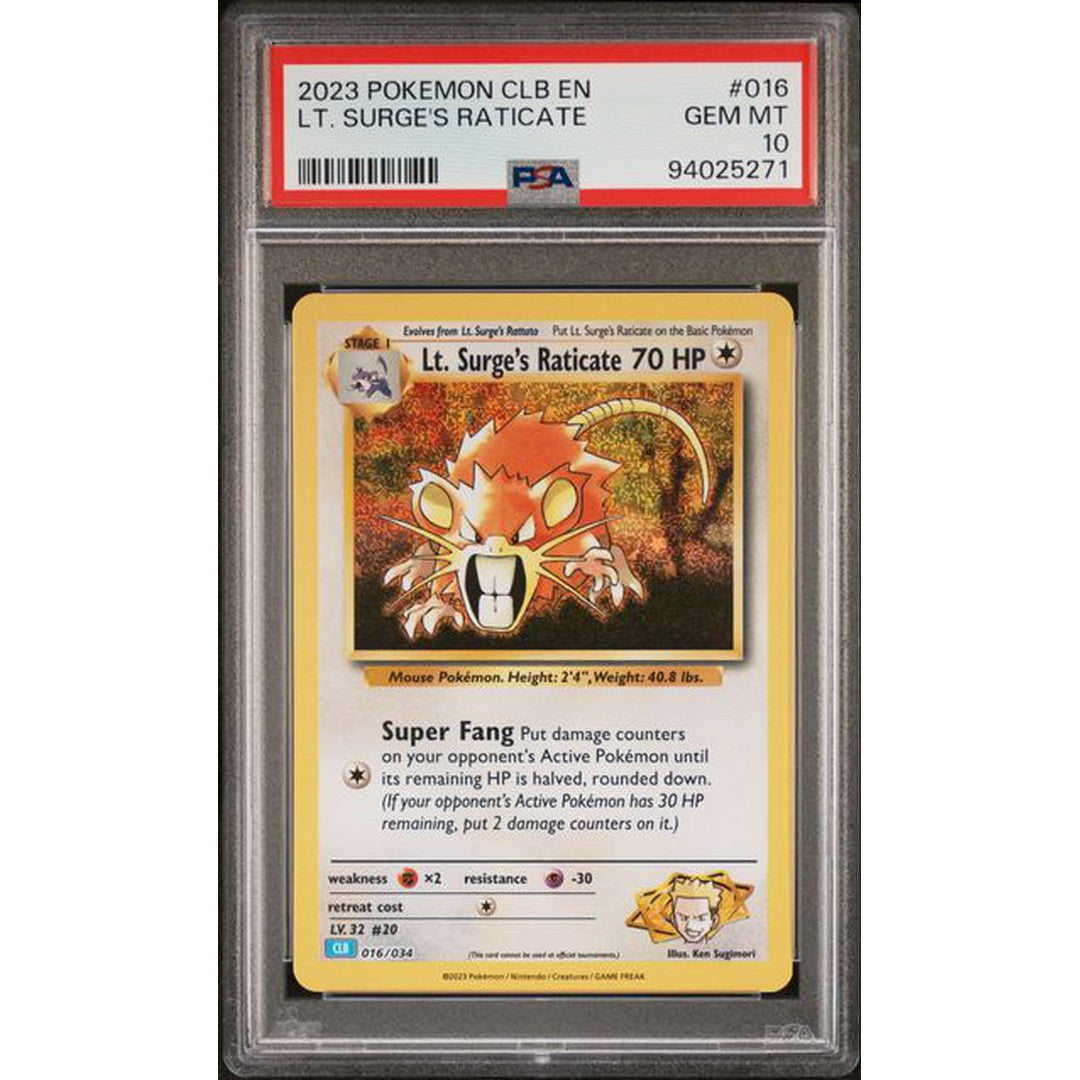 2023 Pokemon Classic Collection LT. Surge's Raticate 016/034 PSA 10 Graded Card - Rare Trading Card for Collectors & Battles