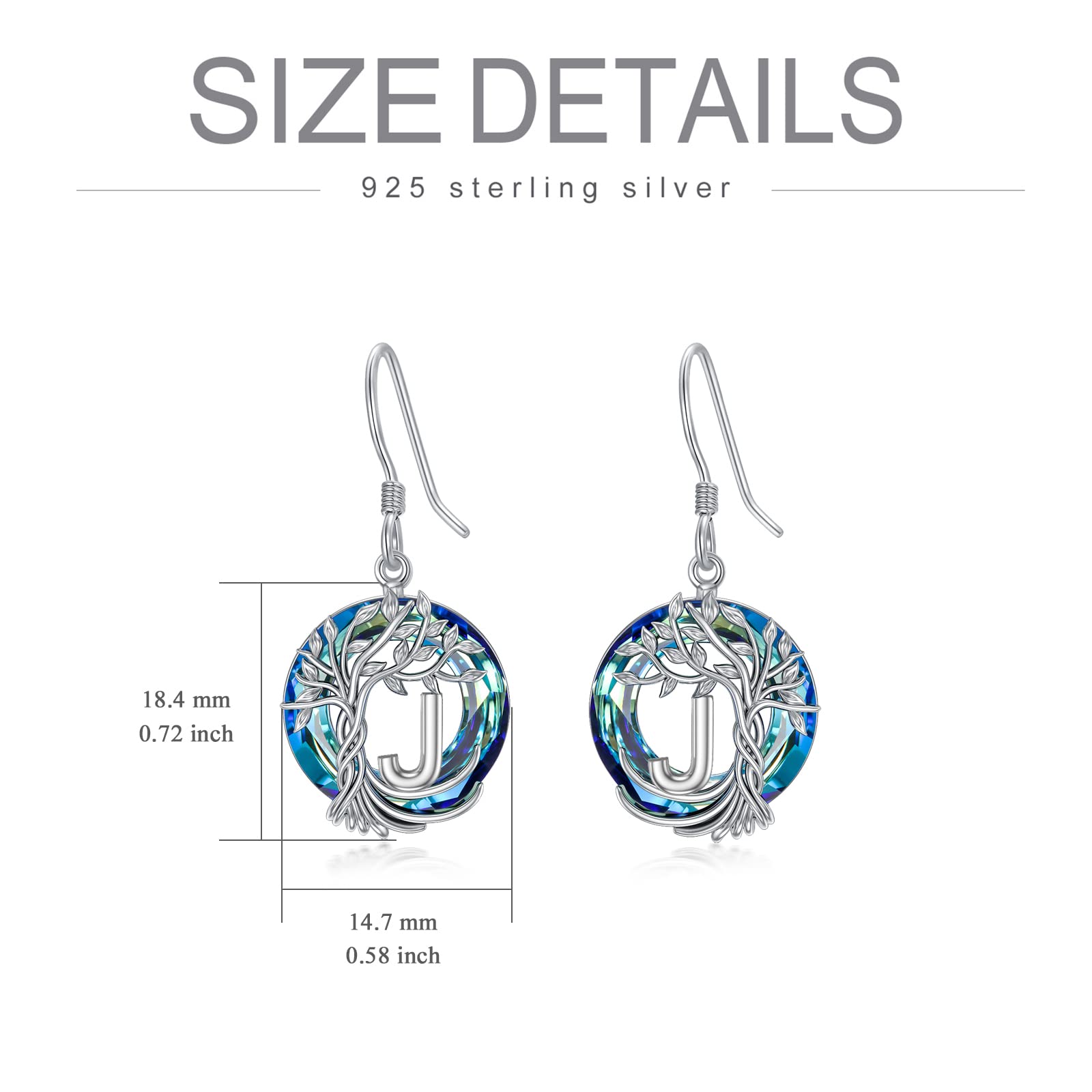 TOUPOP Tree of Life Initial Earrings - 925 Sterling Silver A-Z Letter Drop Dangle Earrings with Blue Circle Crystals | Valentine's Day, Anniversary & Birthday Jewelry Gifts for Women, Girlfriend & Mom | Perfect for Date Nights, Weddings & Special Occasions
