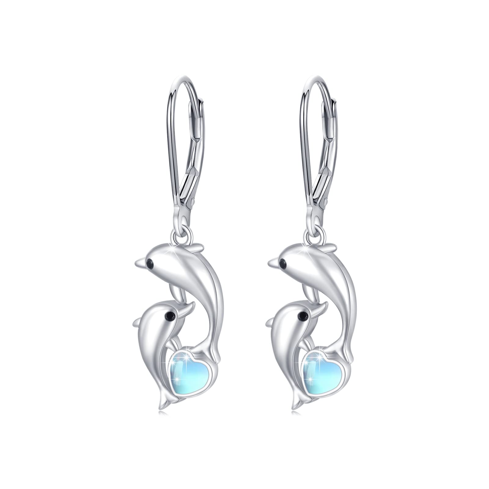 Sterling Silver Dolphin Hoop Earrings with Blue Heart Crystals - Hypoallergenic Dangle Earrings for Women, Sensitive Ears Jewelry - Perfect Nautical Gift for Best Friend, Ocean Lover & Sailor Theme Outfits