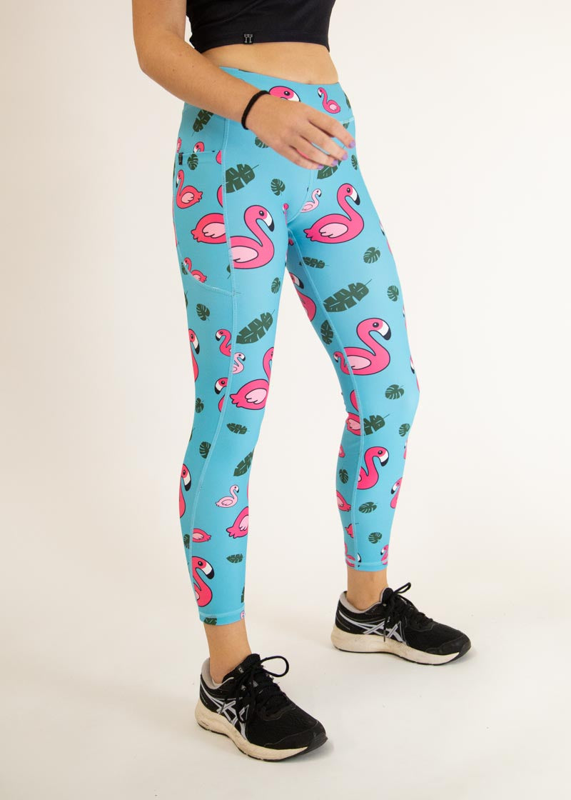 Women's Blue Flamingo Print Yoga Leggings - High Waisted Stretchy Workout Pants for Running, Gym & Lounge Wear
