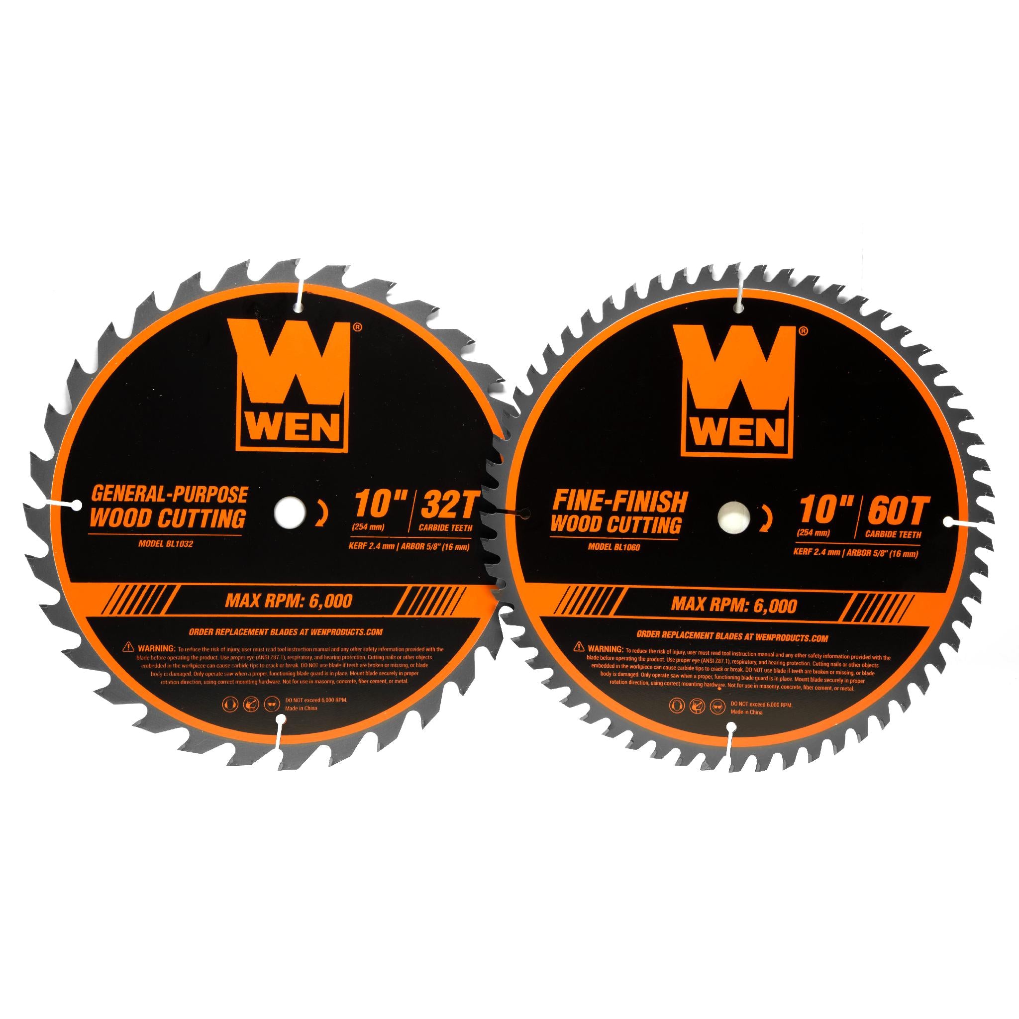 WEN BL1032 10-Inch 32T & 60T Carbide-Tipped Woodworking Saw Blade Set (2-Pack) - Perfect for Table Saws, Miter Saws & Circular Saws