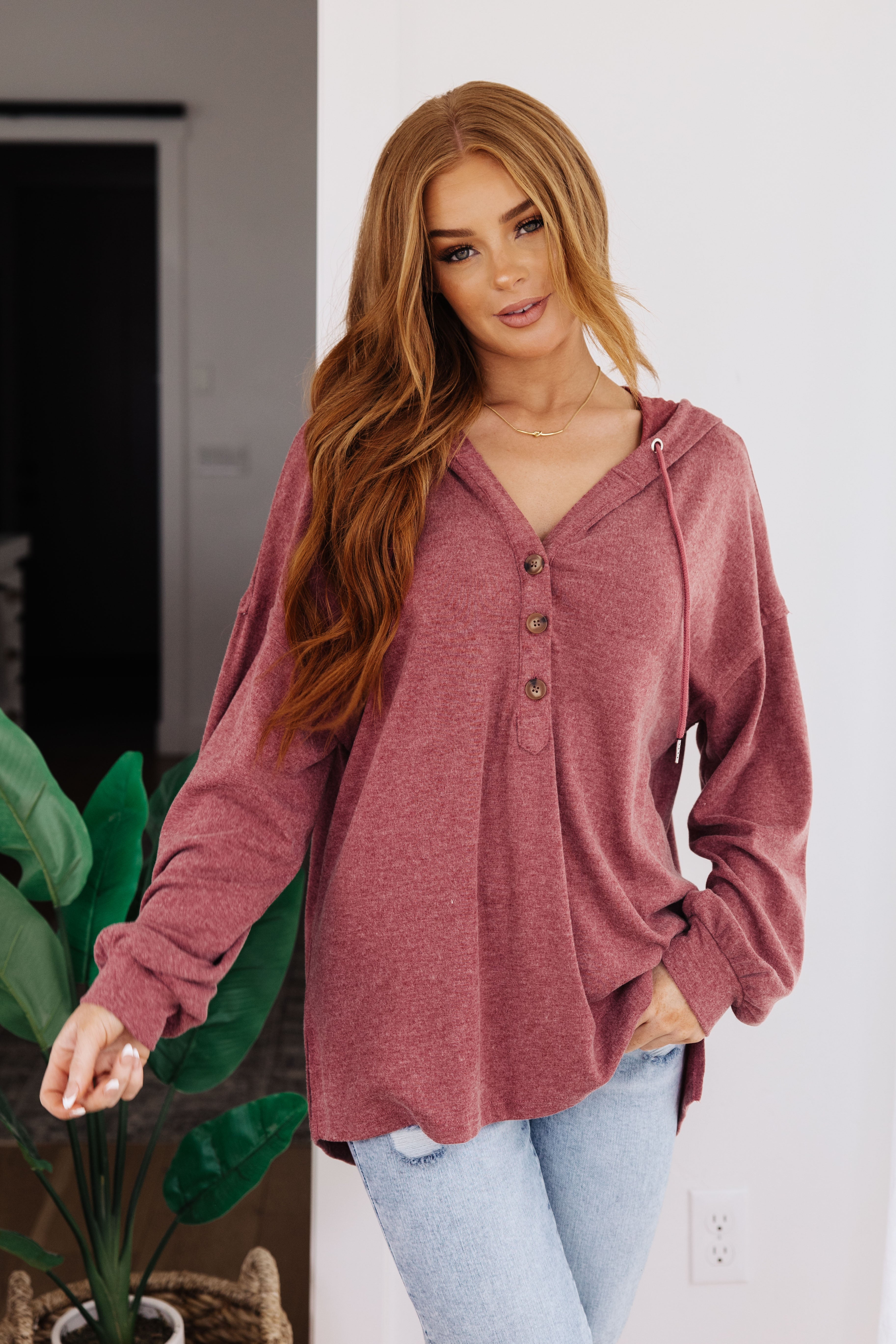 Happier Now Burgundy Henley Hoodie for Men - Soft Cotton Pullover with Front Pocket - Perfect for Casual Wear, Outdoor Activities & Layering