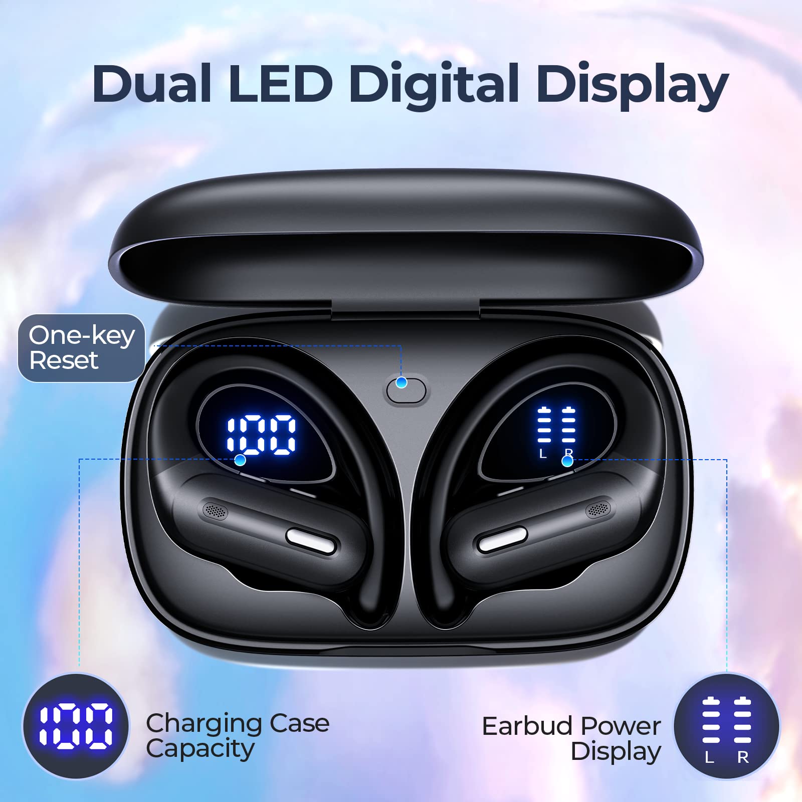 **Wireless Earbuds Bluetooth 5.3 with 90H Playtime, Wireless Charging Case, Power Display, Earhooks & IPX7 Waterproof – Stereo Sound for Android, Workouts, Running & Gym (Black)**