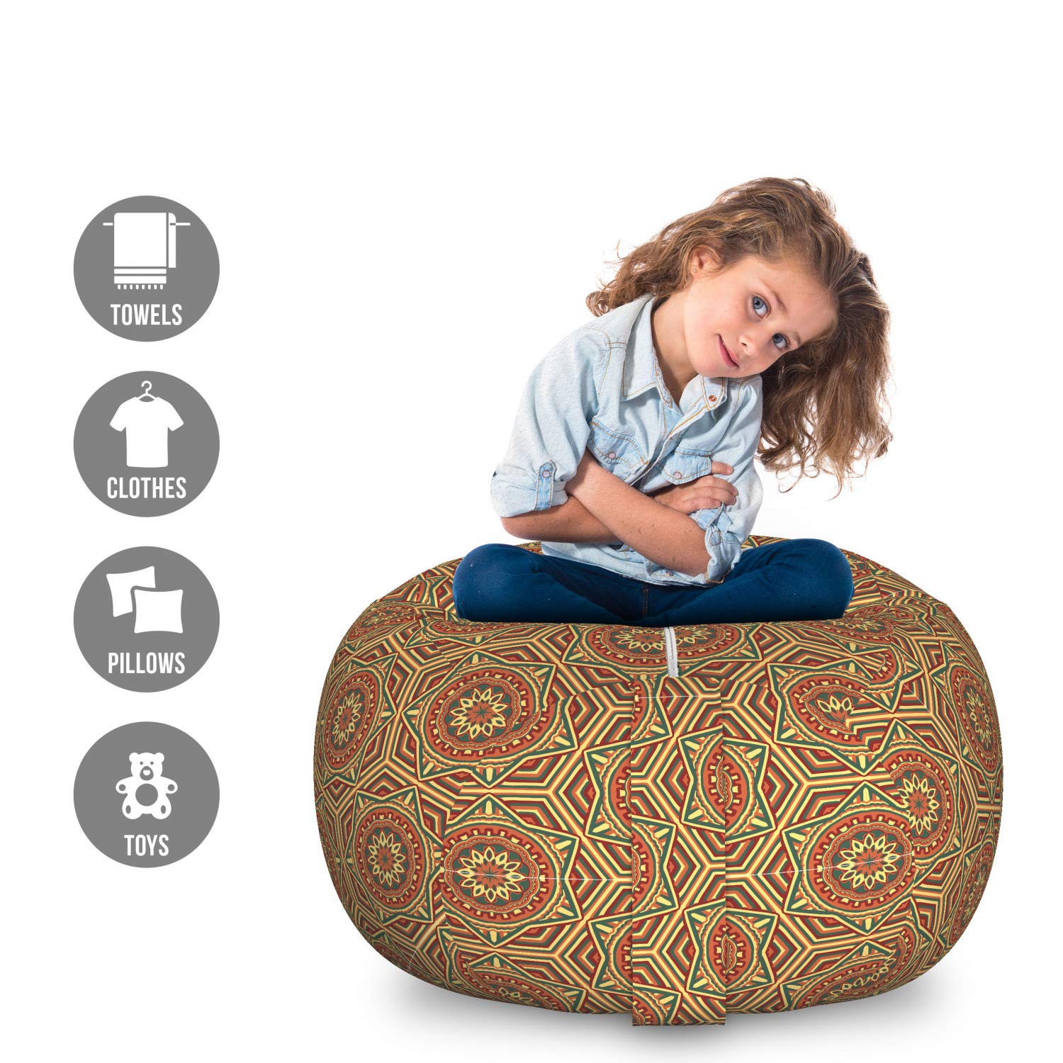 Ambesonne Oriental Toy Storage Bag Chair - Large Washable Stuffed Animal Organizer with Symmetric Colorful Antique Design in Burnt Orange & Hunter Green - Perfect for Kids' Room, Nursery, and Playroom Organization