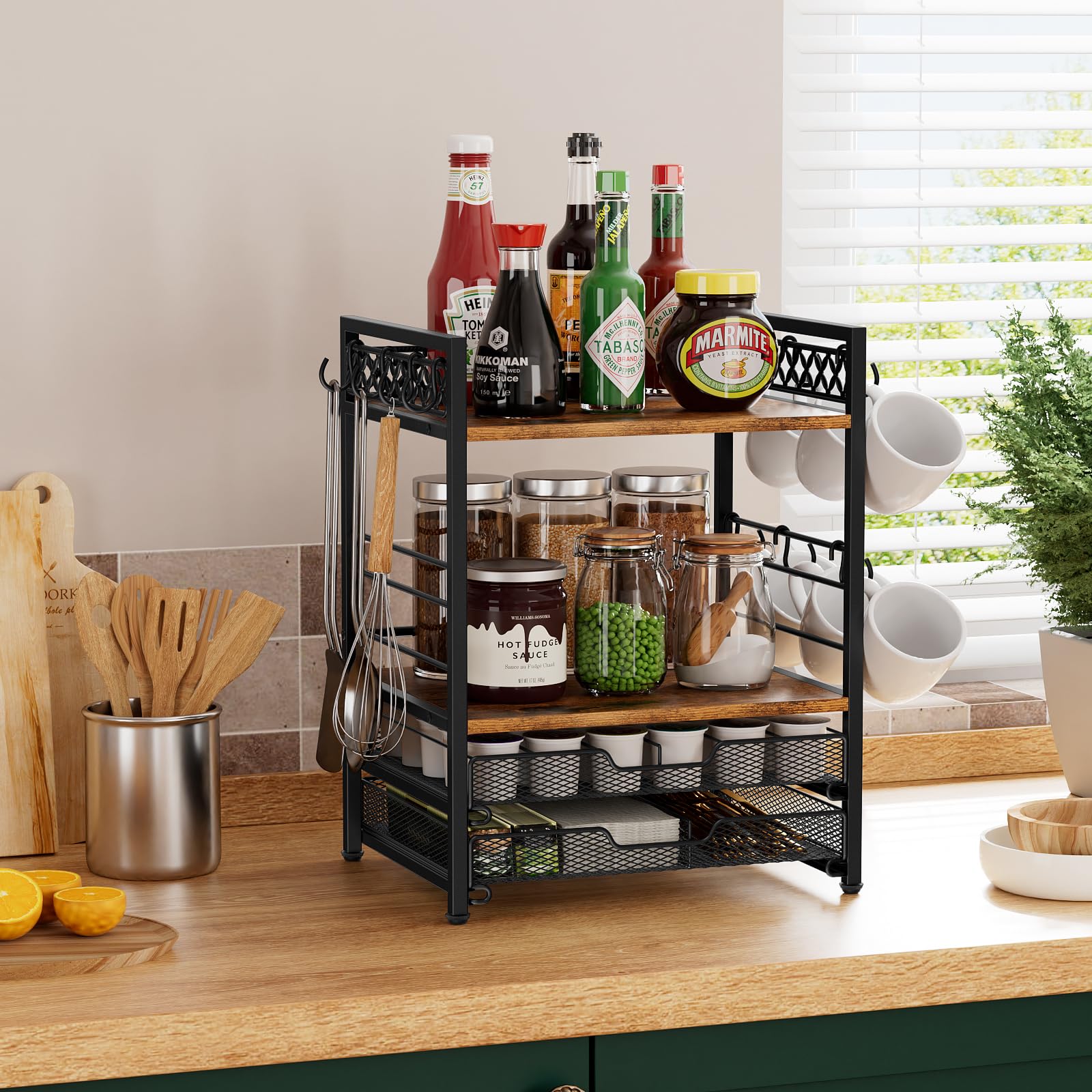 4-Tier Coffee Bar Organizer with 12 Hooks & 30 K-Cup Pod Drawer - Multifunctional Kitchen Countertop Shelf for Mugs, Accessories | Perfect for Home, Office & Coffee Station Organization