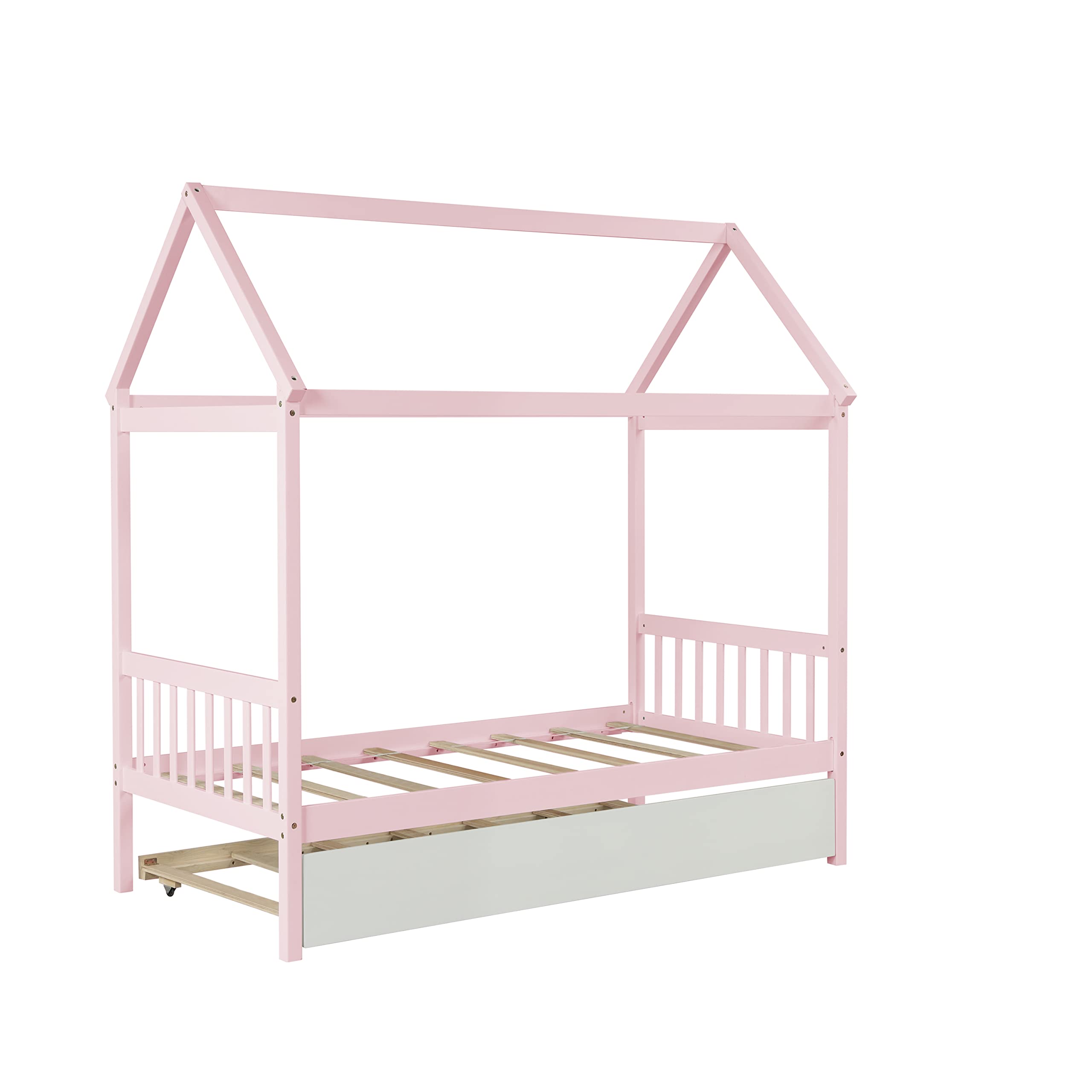 Twin Size House Bed with Trundle - Wooden Platform Bed Frame for Kids, Girls & Boys - Pink Children's Bedroom Furniture for Playtime & Sleepovers