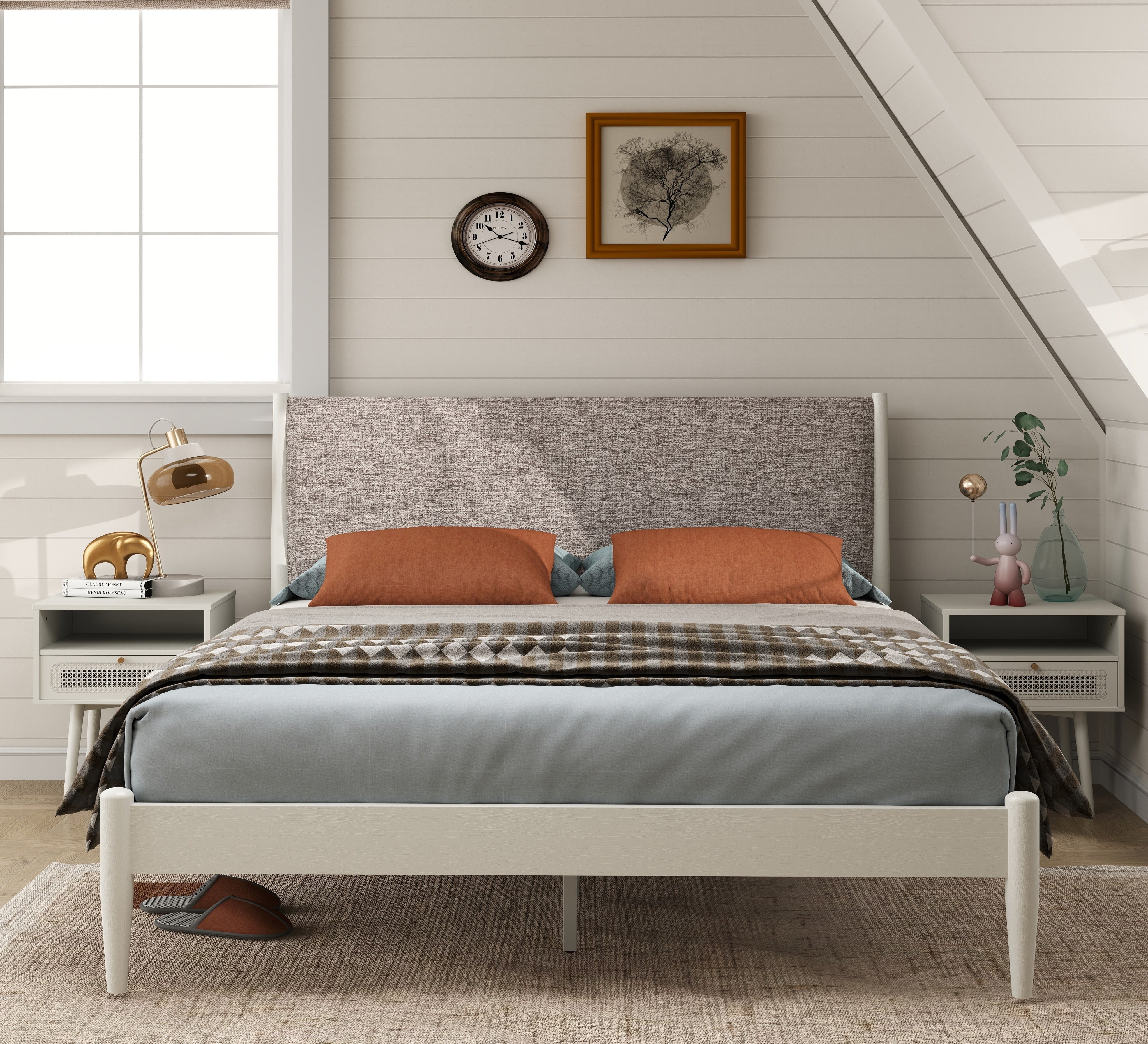 Roundhill Furniture Feeney 3-Piece Queen Bedroom Set - Platform Bed with 2 Nightstands in Cream White | Modern Bedroom Decor for Small Spaces & Guest Rooms