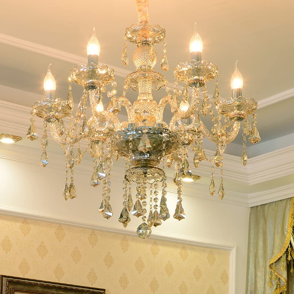 Modern K9 Crystal Chandelier Cognac 6-Light E12 Base Candle Pendant Lighting Fixture - Elegant Crystal Ceiling Light for Dining Room, Living Room, Bedroom, Hallway - Perfect for Home Decor, Wedding Venues, and Luxury Interior Lighting