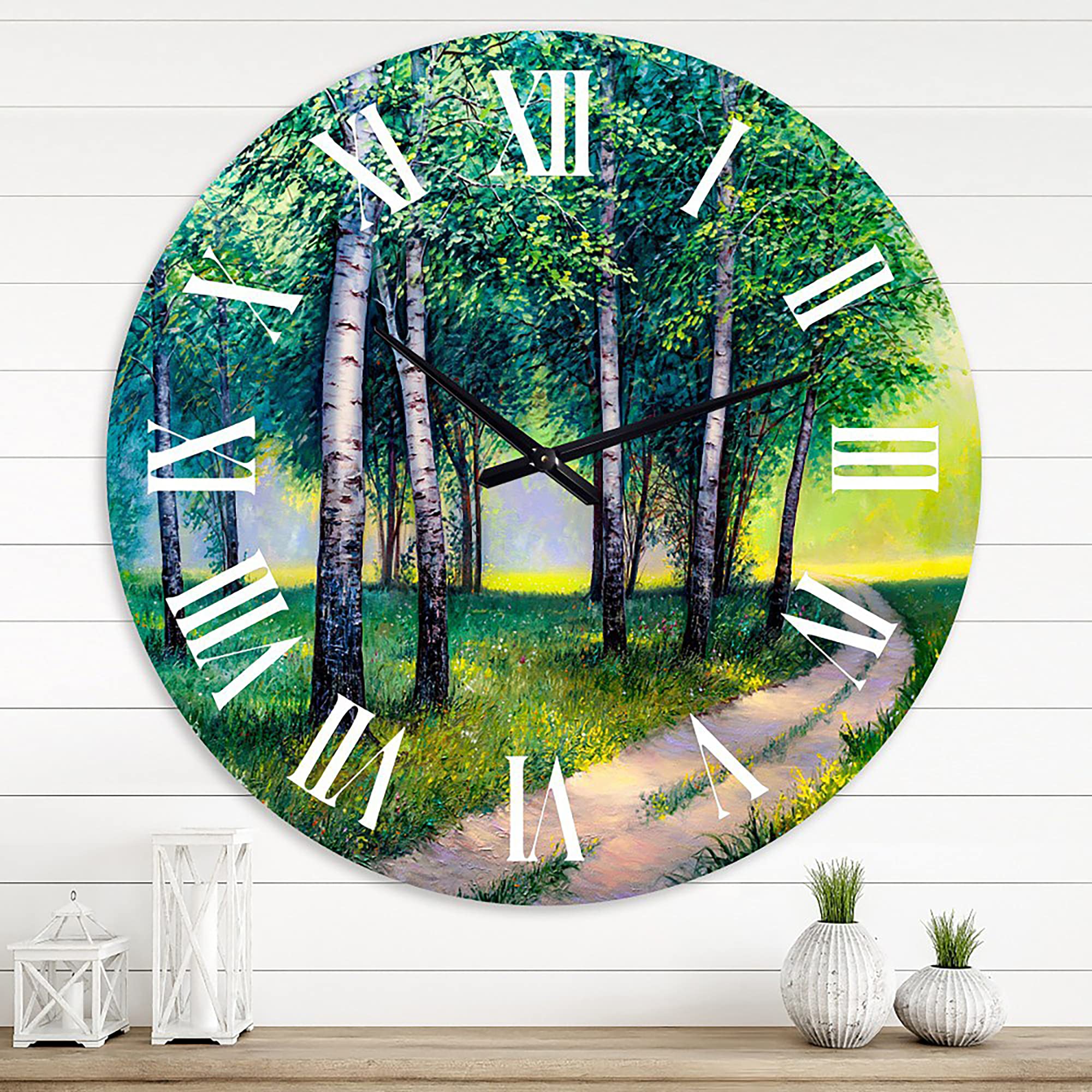 DesignQ Lake House Wall Clock - 'Summer Forest Road by The Birches' Landscape Nature Wall Art - Large 20 Inch Silent Non-Ticking Clock for Home, Office, Living Room & Cabin Decor - Perfect for Rustic, Farmhouse & Nature-Themed Interiors