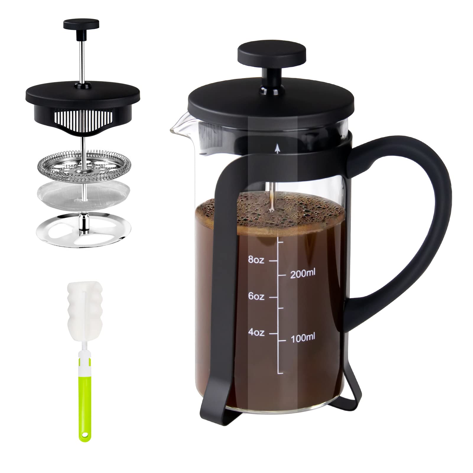 Premium 12oz French Press Coffee & Tea Maker - 304 Stainless Steel, BPA Free, Heat Resistant Borosilicate Glass - Perfect for Camping, Travel, Office & Home Use - Ideal Gift for Coffee Lovers (Black)