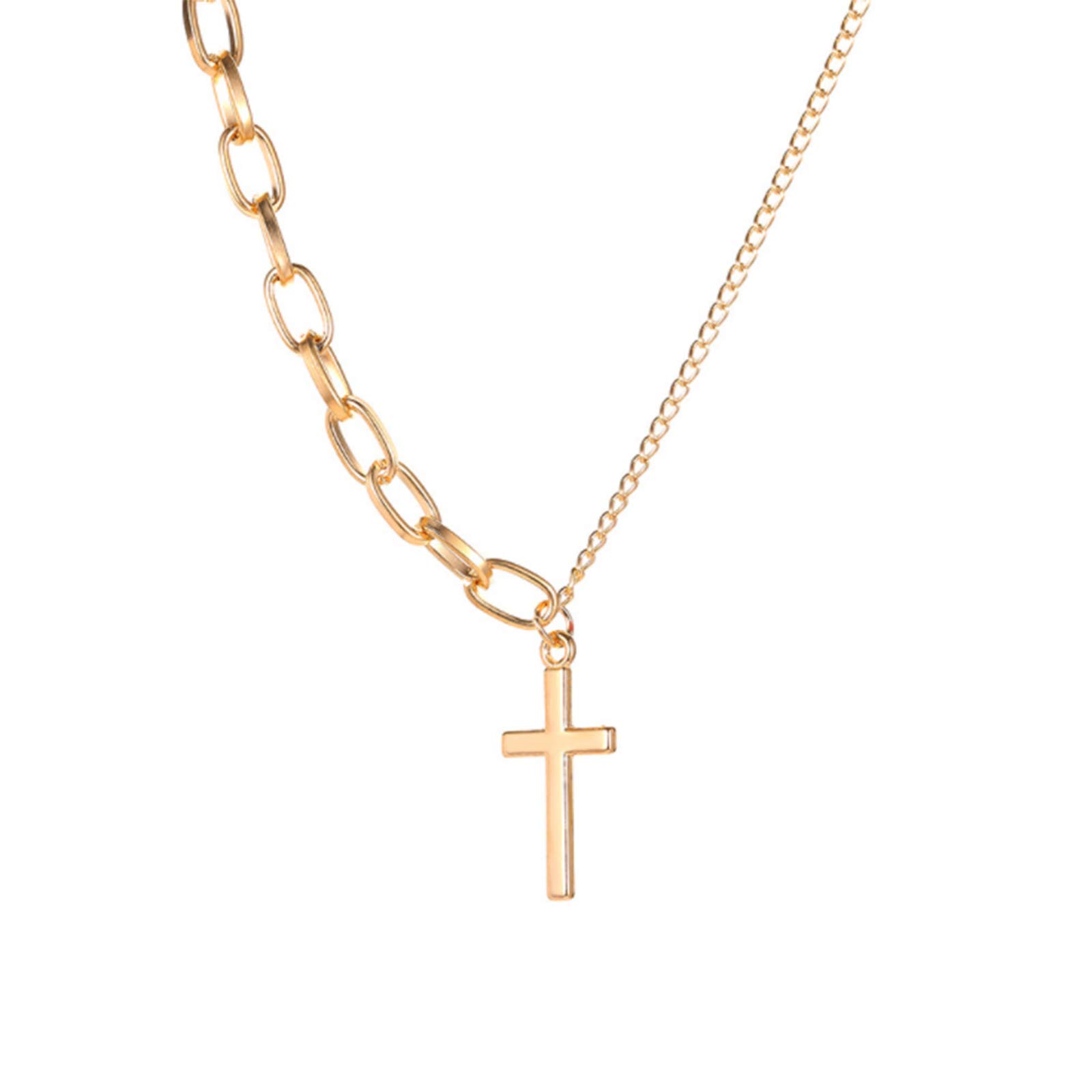 YienDoo Simple Cross Necklace - Asymmetric Gold Cross Pendant with Paperclip Chain, Trendy Women's Fashion Jewelry for Everyday Wear & Gift Giving