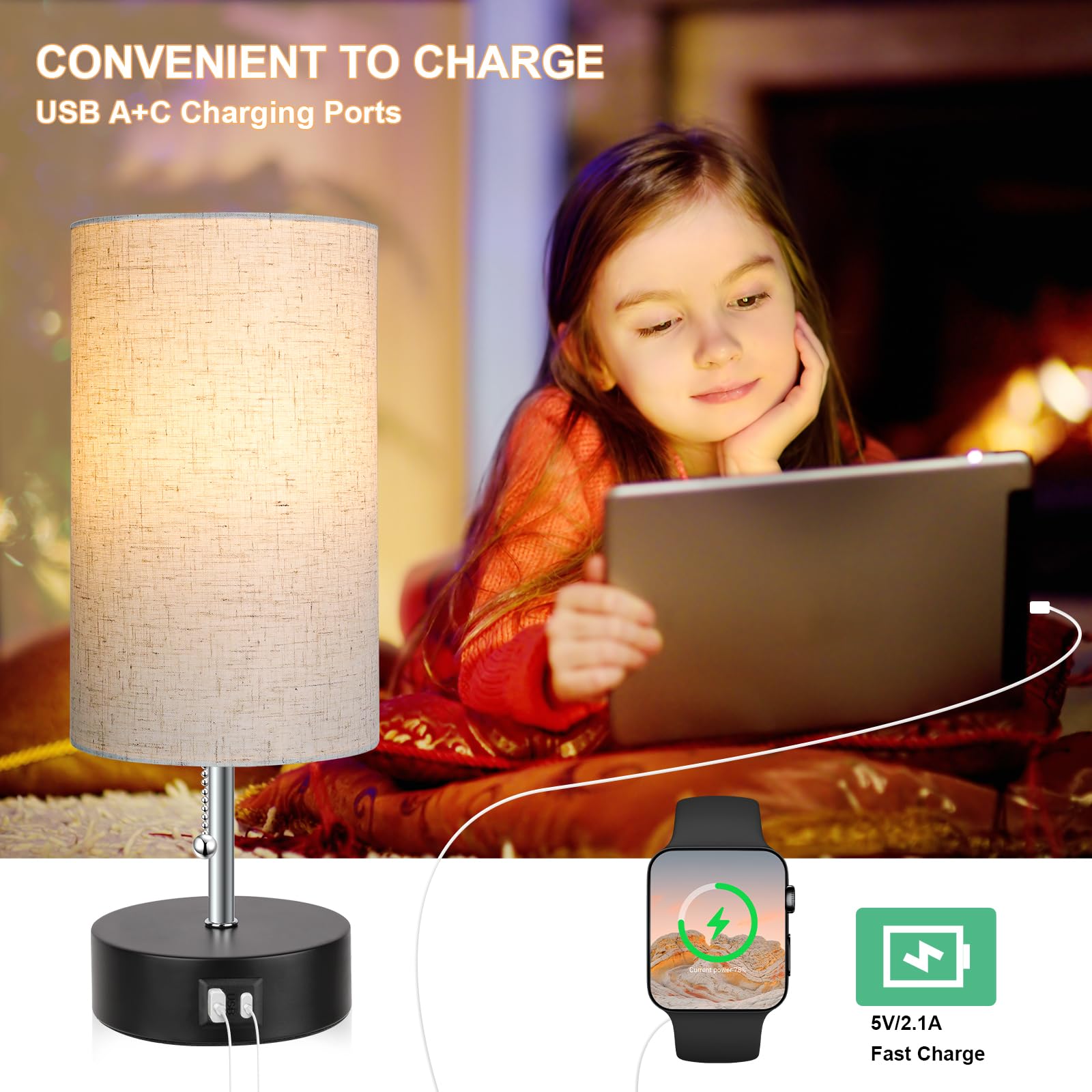 ROTTOGOON 3-Color Temperature Adjustable Bedside Lamp with USB A & C Ports, LED Nightstand Table Lamp for Bedroom, Living Room, Office, and Study (Oatmeal)