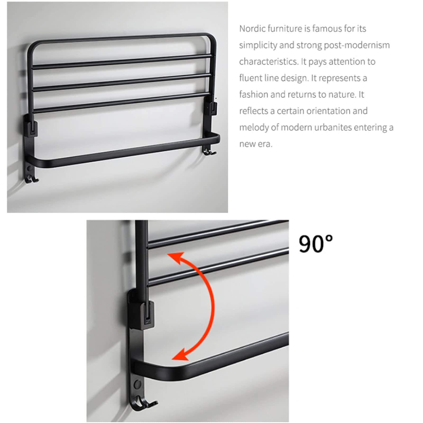 Sturdy 59cm Aluminum Alloy Wall-Mounted Bathroom Towel Rack - Double Folding Shelf with Hooks & Bar, Rustproof Matte Black - Perfect for Small Bathrooms, Spa Rooms & Luxury Hotels