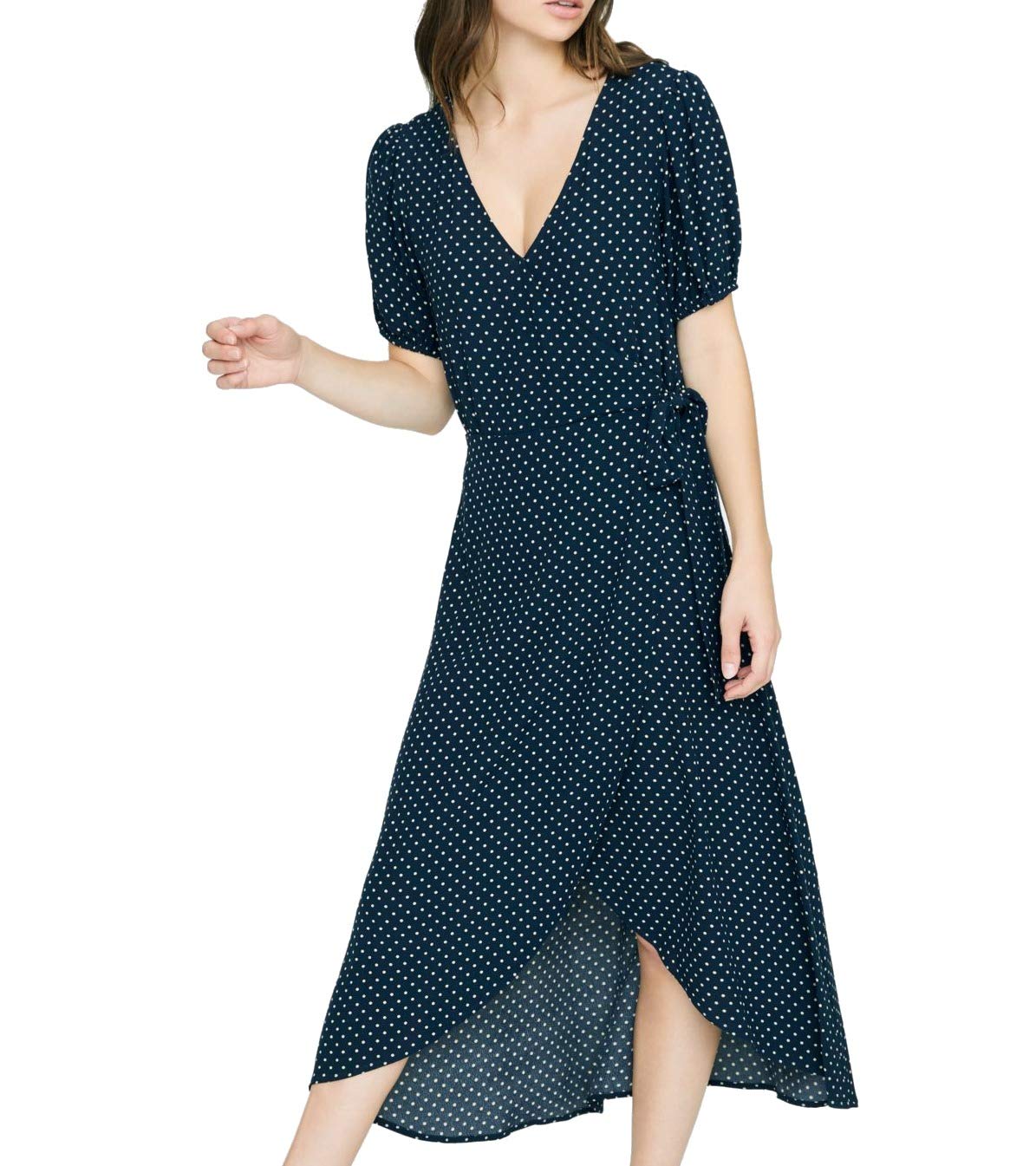 Sanctuary Women's Navy Polka Dot Surplice Wrap Dress Size 6 | Flowy Casual & Office Wear for Spring & Summer