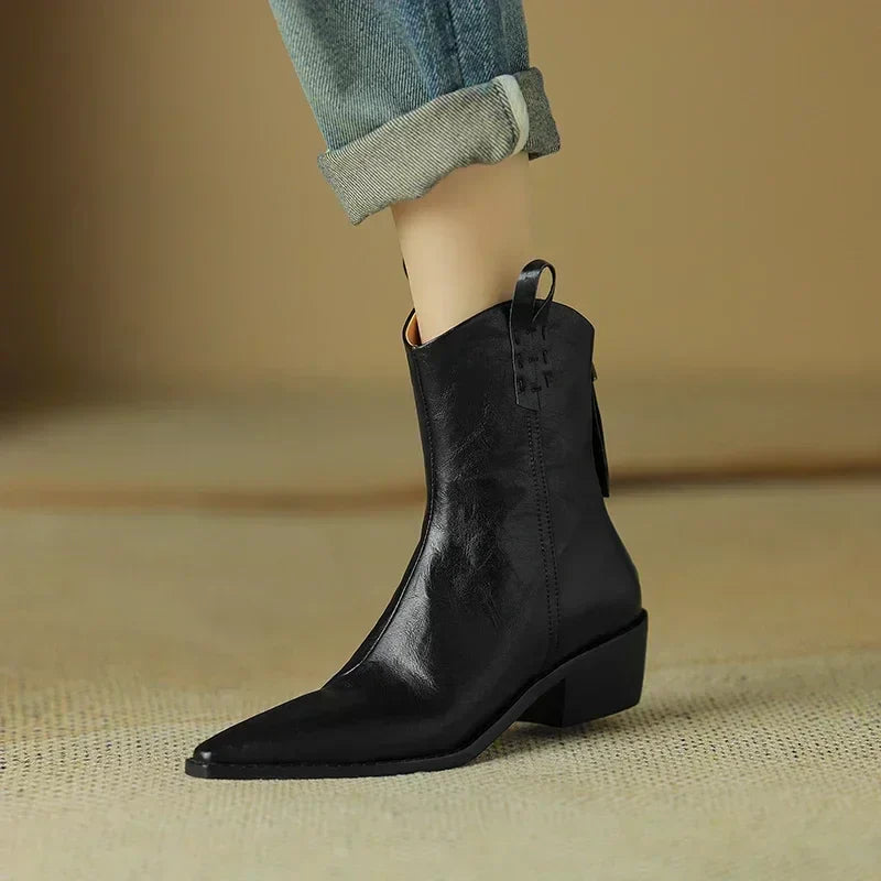 **Genuine Leather Western Boots for Women - Pointed Toe Chunky Heel Chelsea Ankle Boots, Retro Style for Autumn & Winter | Perfect for Cowgirl Fashion, Country Rides & Casual Outfits**