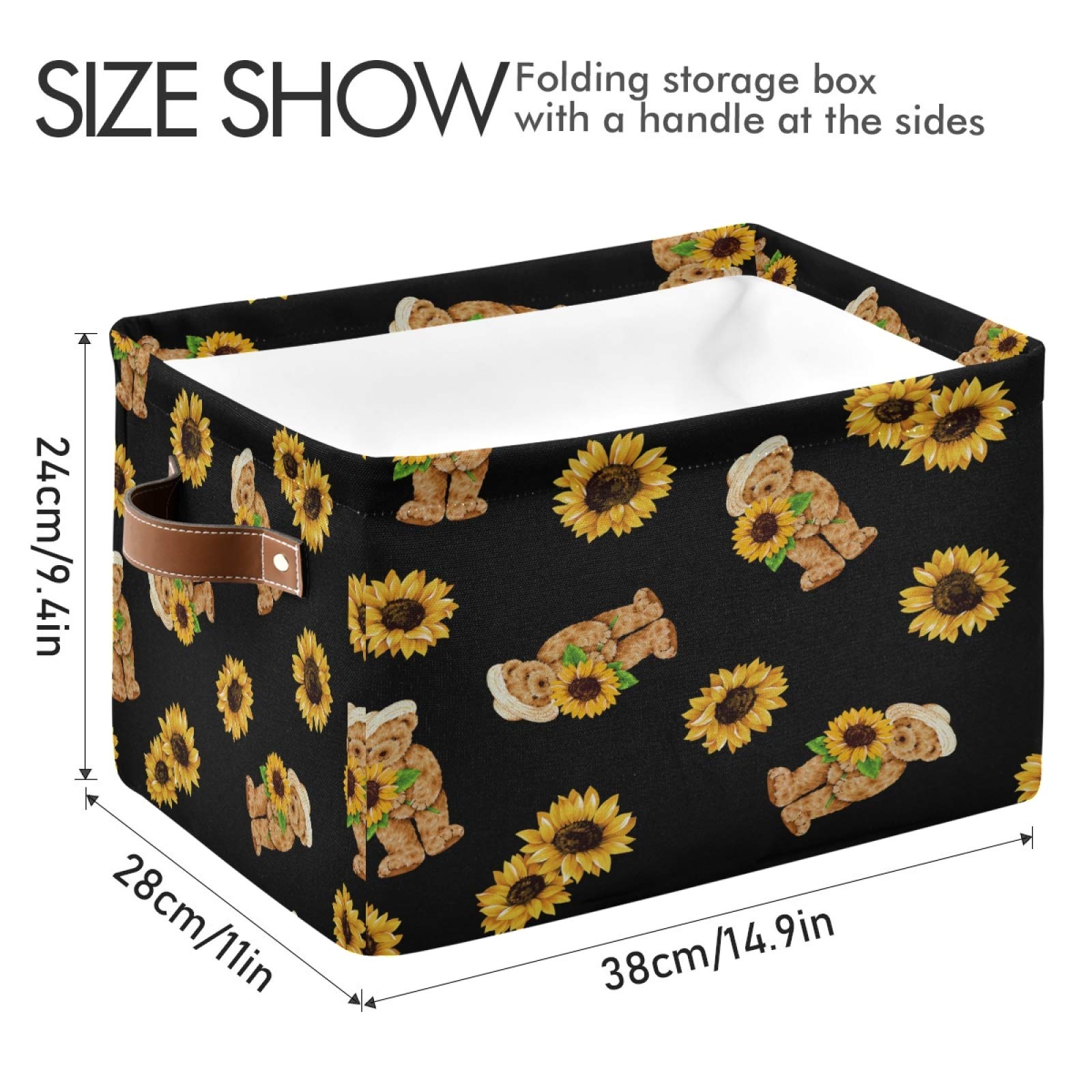 AUUXVA Cute Bear & Sunflower Storage Basket - Durable Collapsible Canvas Toy Organizer Bin with Handles for Bedroom, Closet, Office | Perfect for Kids' Room, Nursery & Home Organization