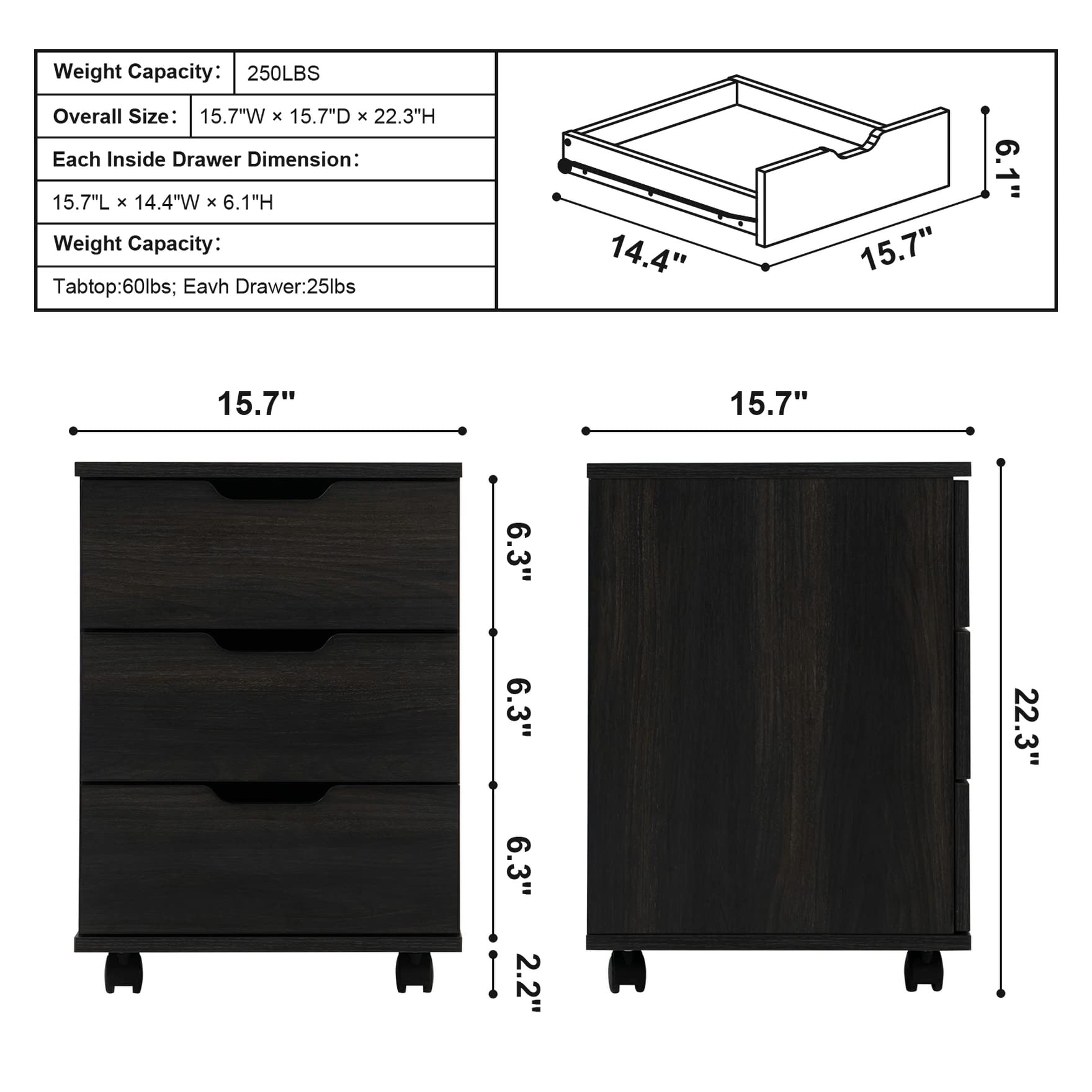 Soohow 3-Drawer Rolling File Cabinet with Wheels - Wooden Storage Organizer for Home Office, Under Desk, Makeup & Dresser - Compact File Cabinet with Smooth-Glide Drawers for Documents, Stationery & Beauty Products
