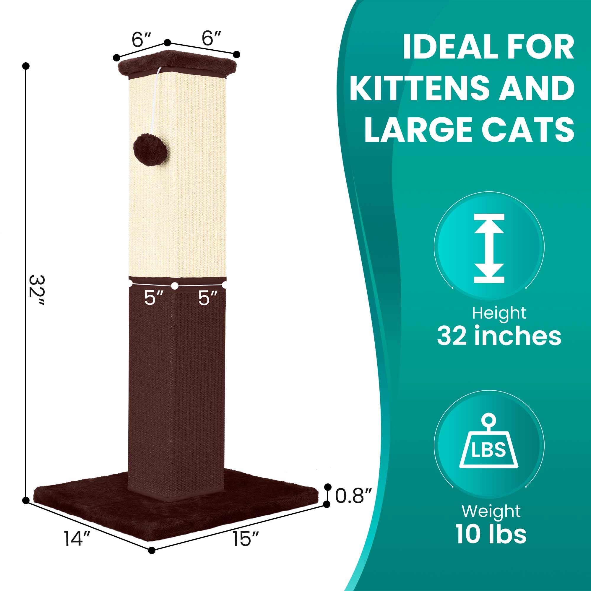 32 Inch Tall Cat Scratching Post for Large Cats - Natural Sisal Cat Scratcher for Indoor Kittens & Adult Cats (Brown) - Perfect for Living Room, Bedroom & Home Office Cat Furniture