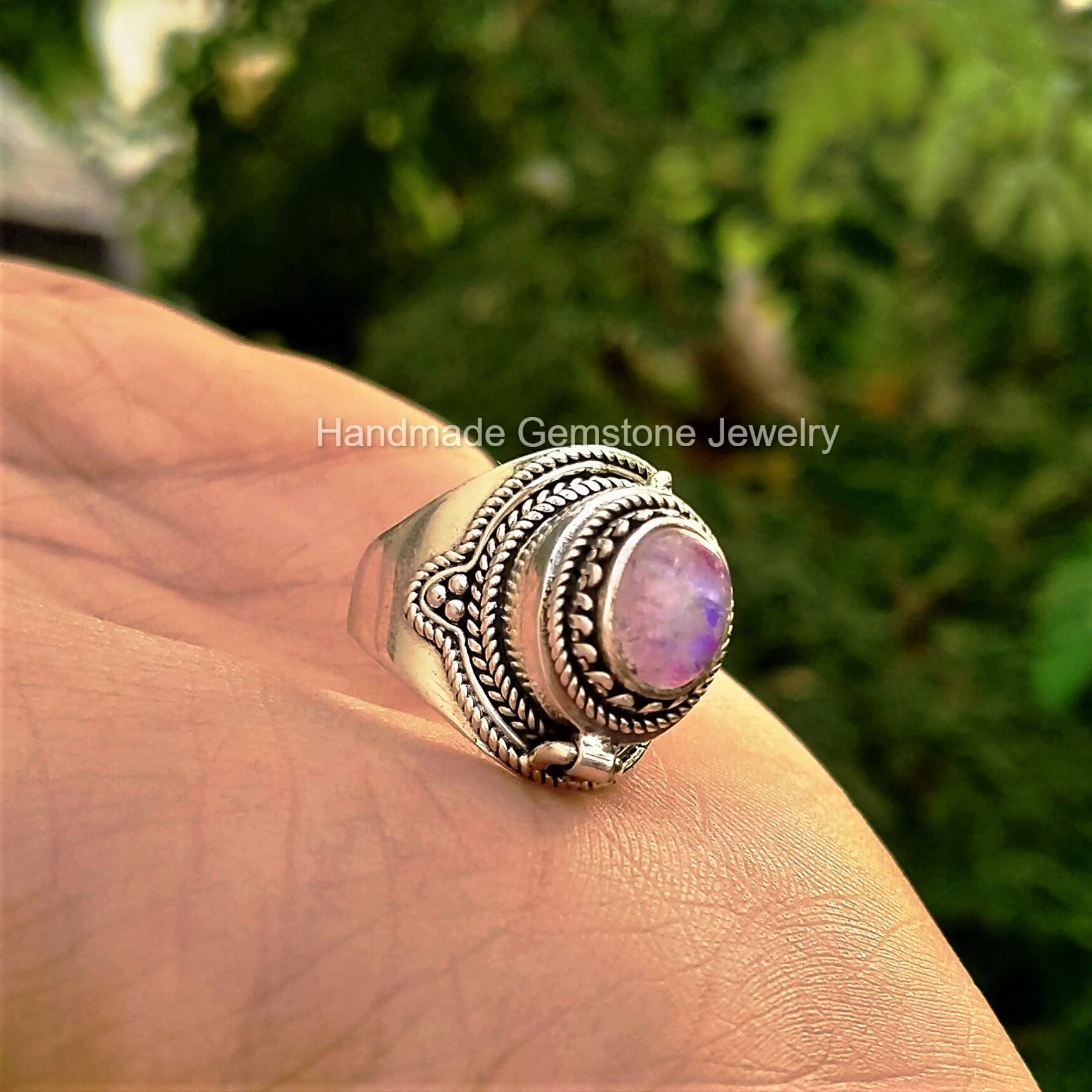 Pink Moonstone Poison Box Ring - Oval Openable Jewelry with June Birthstone, Antique Self-Love Pillbox Ring for Women | Perfect Gift for Birthdays, Witchy Aesthetic & Boho Fashion