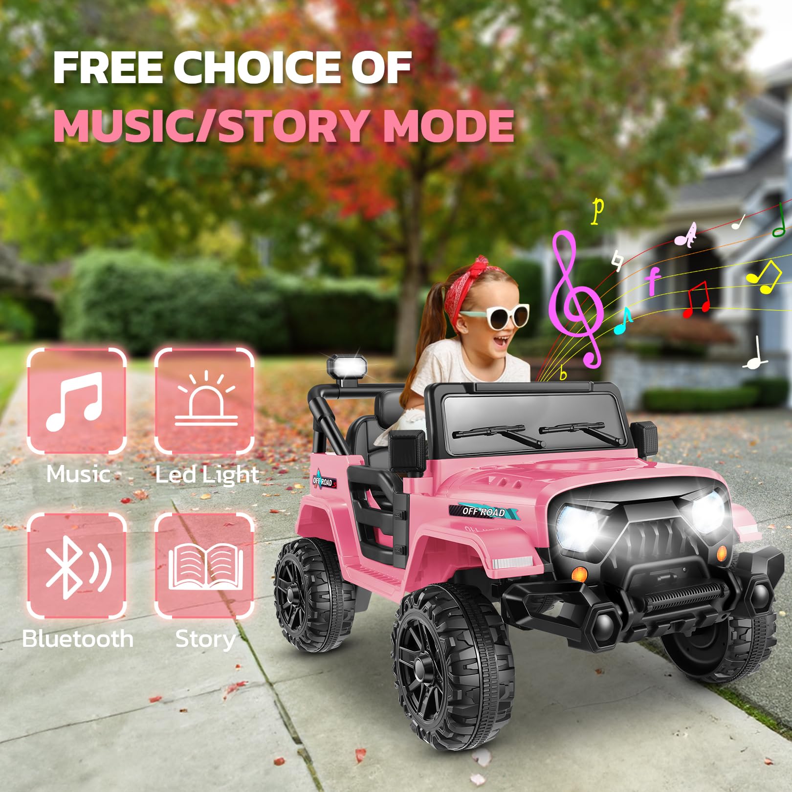 Hikole Pink Kids Ride On Car with Parent Remote Control - 12V Battery Powered Electric Toy Car for Girls with Music Player, LED Lights, Bluetooth, 3 Speed Settings & Spring Suspension - Perfect for Birthday Gifts, Outdoor Play & Indoor Fun