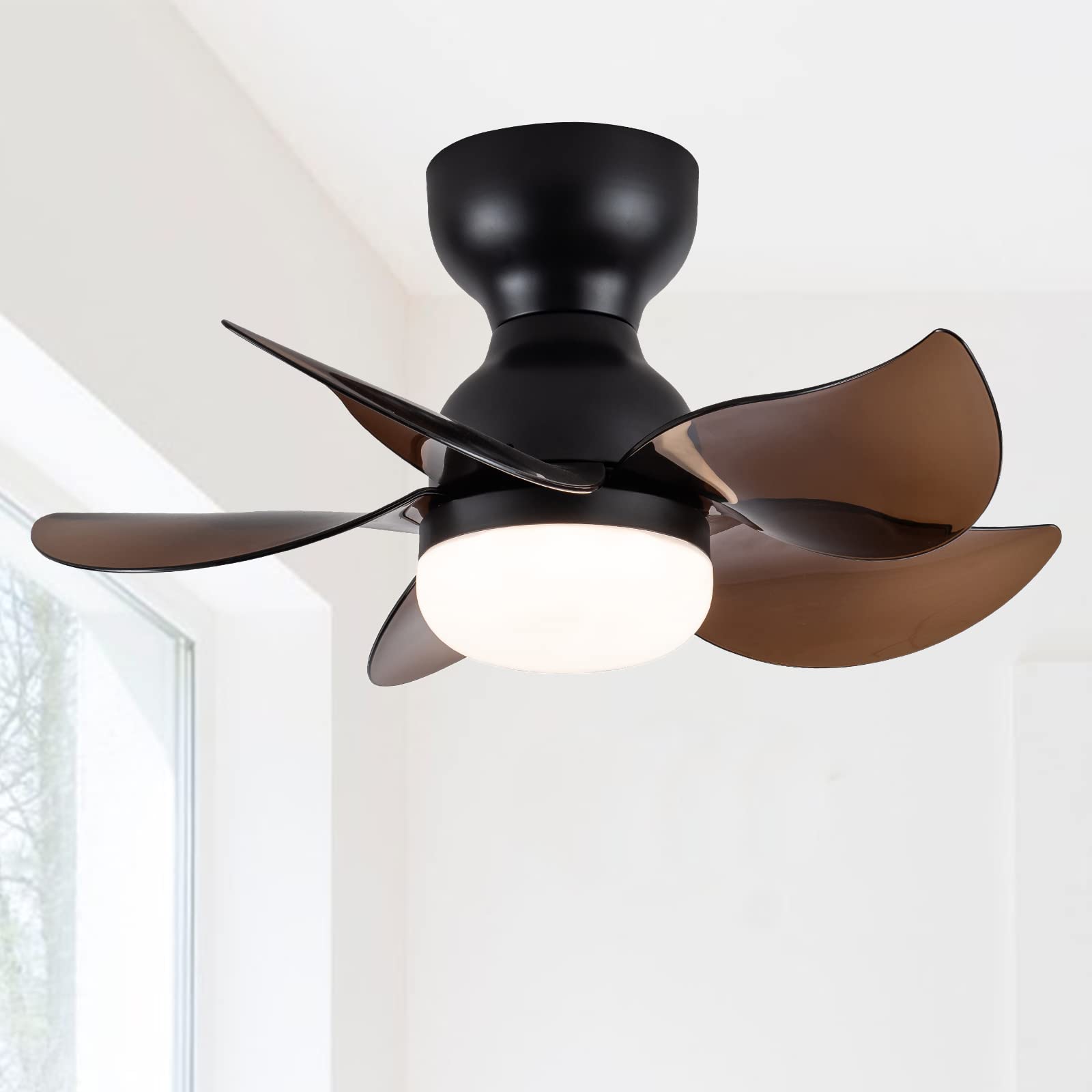 DIDER 24 Inch Flush Mount Ceiling Fan with LED Light Kit and Remote Control, 5 Blades Low Profile Indoor Outdoor Ceiling Fan - Perfect for Bedroom, Living Room, Patio and Covered Porch