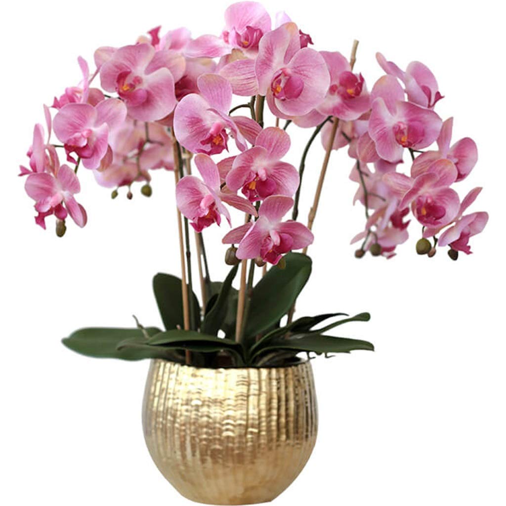 SYALEO 5 Heads Pink Phalaenopsis Artificial Silk Orchid Flowers with Vase - Realistic Fake Flowers for Home Decor, Wedding Centerpieces, Office Desk Decor & Tabletop Arrangements