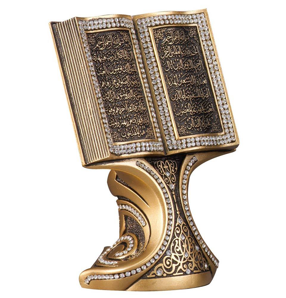 Islamic Table Decor - Gold Quran Open Book with Al Fatiha & Surah Al Baqarah - 180 3S Design - Perfect for Home Decoration, Ramadan Decor & Gift Giving