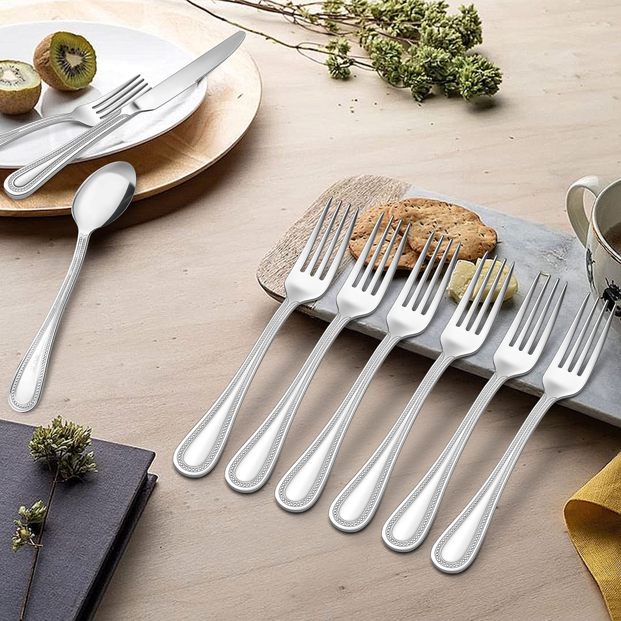 HaWare 12-Piece Stainless Steel Dinner Forks Set - 7.9 Inch Mirror Polished Silverware with Pearled Edge Handle | Elegant Classic Design for Home, Kitchen & Restaurant Use | Dishwasher Safe | Perfect for Fine Dining, Dinner Parties & Catering Events