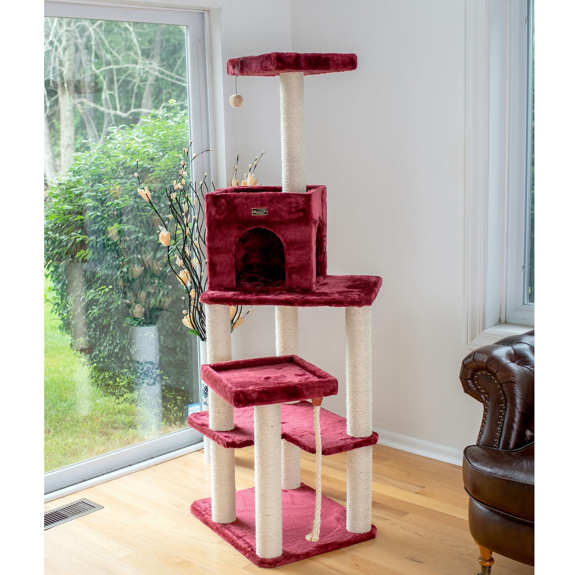 Armarkat Real Wood Cat Tower with Ultra Thick Faux Fur - 60 Inch Cat Condo House for Large Cats, Burgundy (Model A6902B) - Perfect for Indoor Climbing, Scratching & Lounging