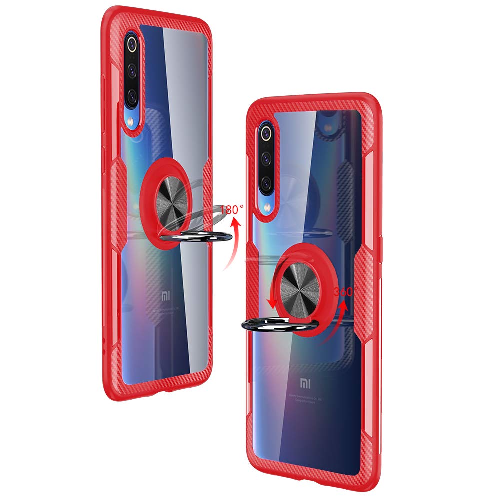 Xiaomi 9 Phone Case with Tempered Glass Screen Protector - Slim Hard Clear Cover & Magnetic Stand Ring Holder - Durable Protective Case for Xiaomi Mi 9 (Red) - Perfect for Work, Travel and Everyday Use