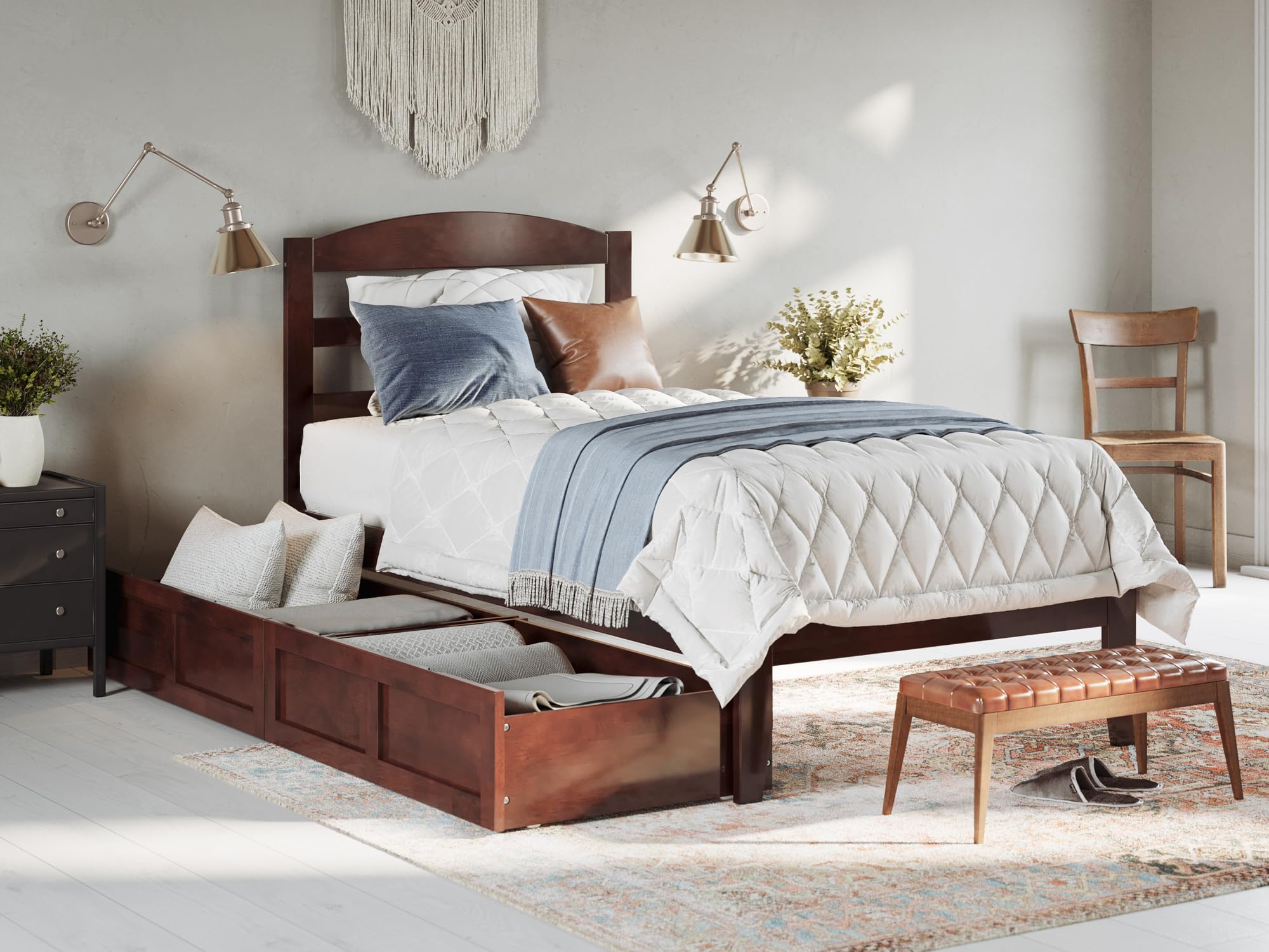 AFI Warren Twin XL Platform Bed Frame with 2 Storage Drawers & Built-in USB Charger - Walnut Finish, Space-Saving Design for Small Bedrooms & Dorm Rooms
