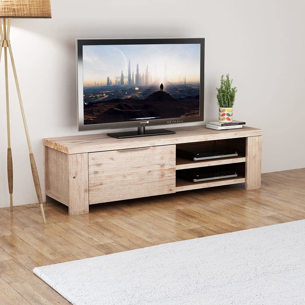 Rustic TV Stand 55 Inch, Solid Acacia Wood Entertainment Center with 2 Cable Outlets & Storage Doors – Perfect for Living Room, Bedroom, or Home Theater Setup