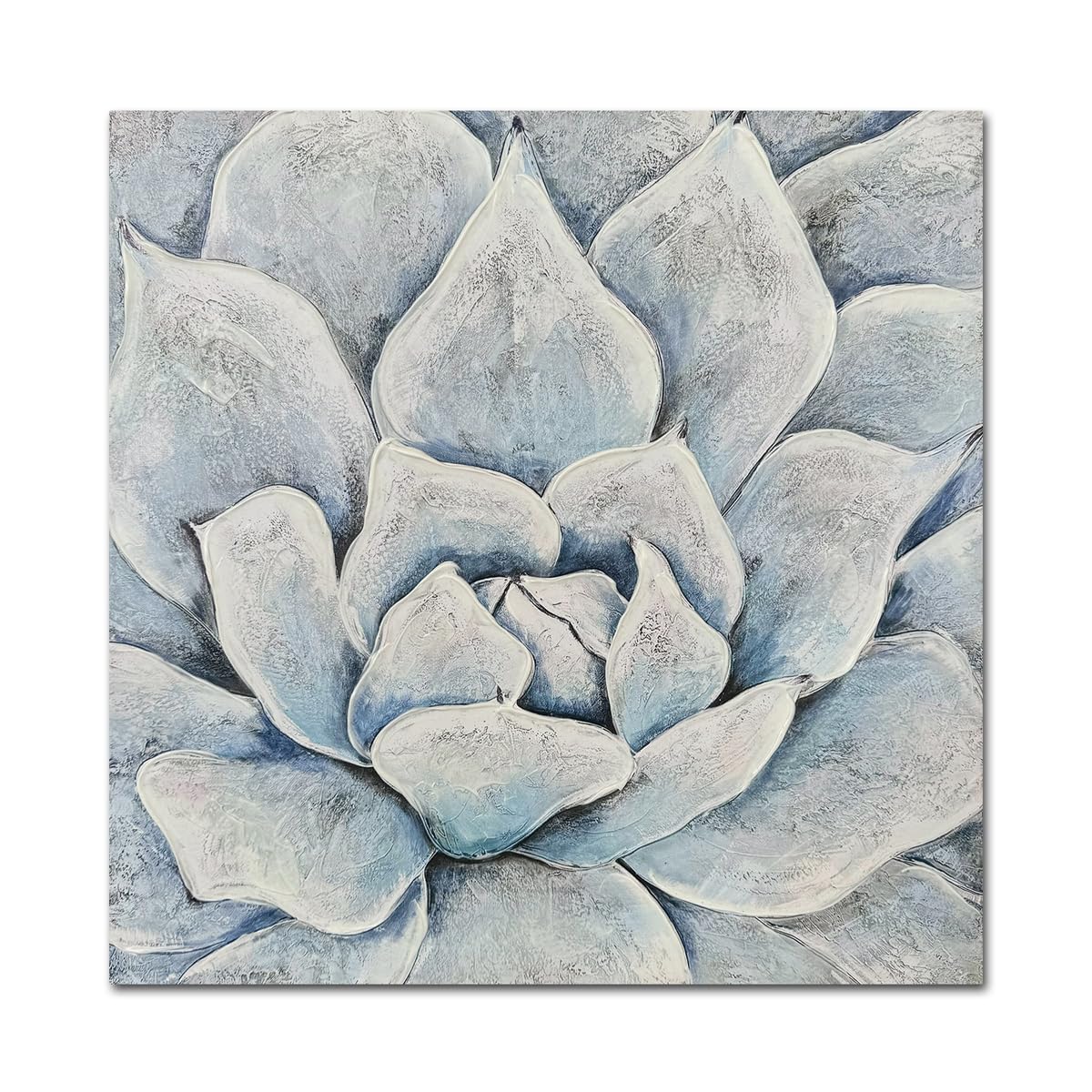 Blue and White Succulent Textured Floral Canvas Wall Art - Elegant Flower Painting for Living Room, Bedroom & Bathroom Decor | Perfect for Home, Office & Gift Giving