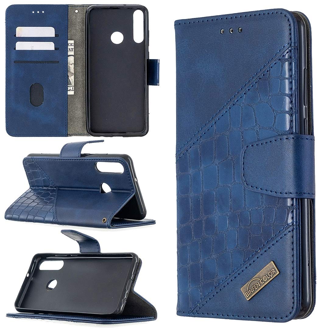 HUAWEI Y6p Phone Case - Premium PU Leather Flip Cover with Card Holder & Wallet Slots | Crocodile Texture | Protective Case for HUAWEI Y6p (Blue) | Perfect for Daily Use, Business & Travel Protection