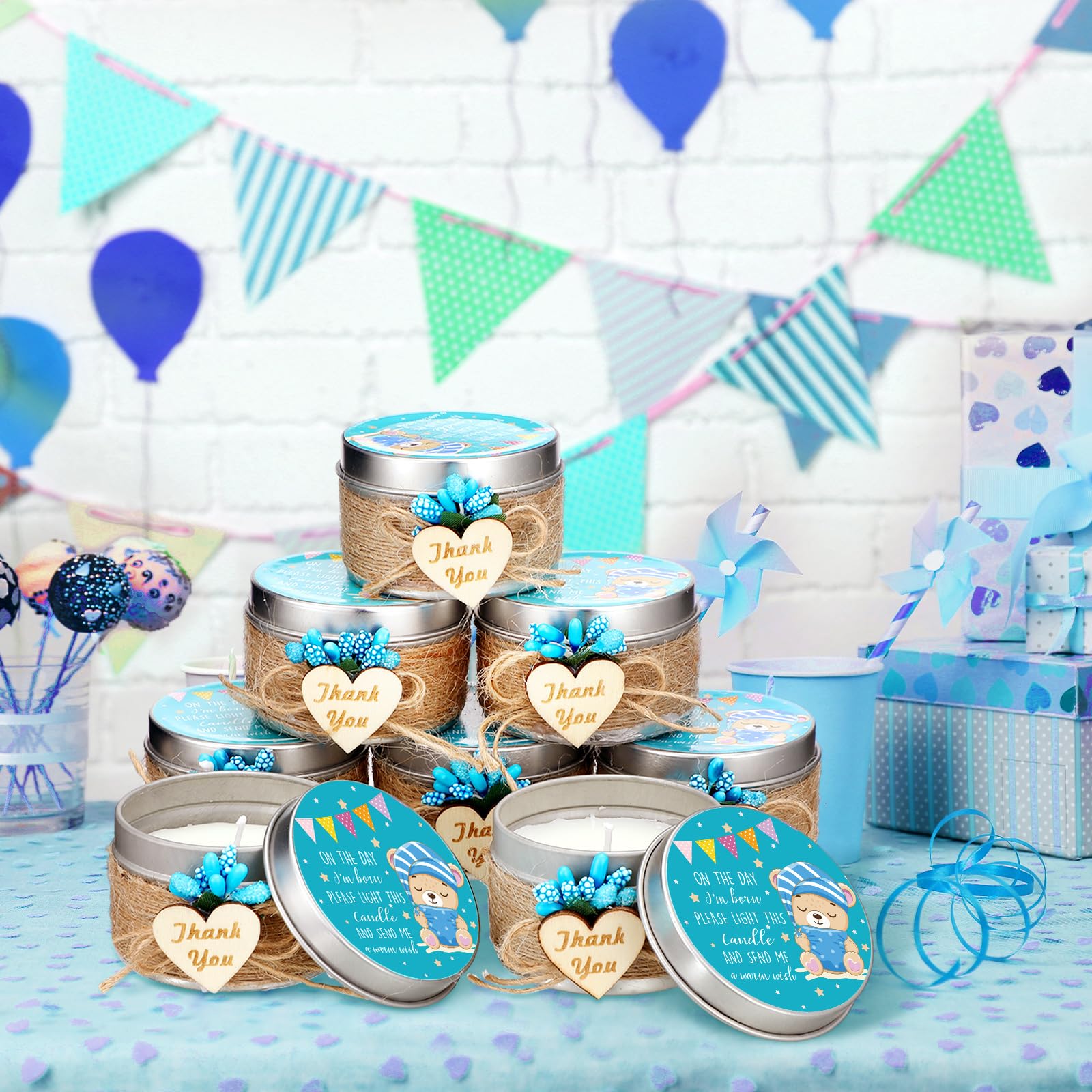 24 Pack Blue Baby Shower Candles - Rustic Soy Tealight Favors with Heart Wooden Sign & Flower Bouquet - Perfect for Baby Shower Party, Baptism, Gender Reveal & Guest Gifts - Great for Home Decor, Wedding Favors & Romantic Ambiance