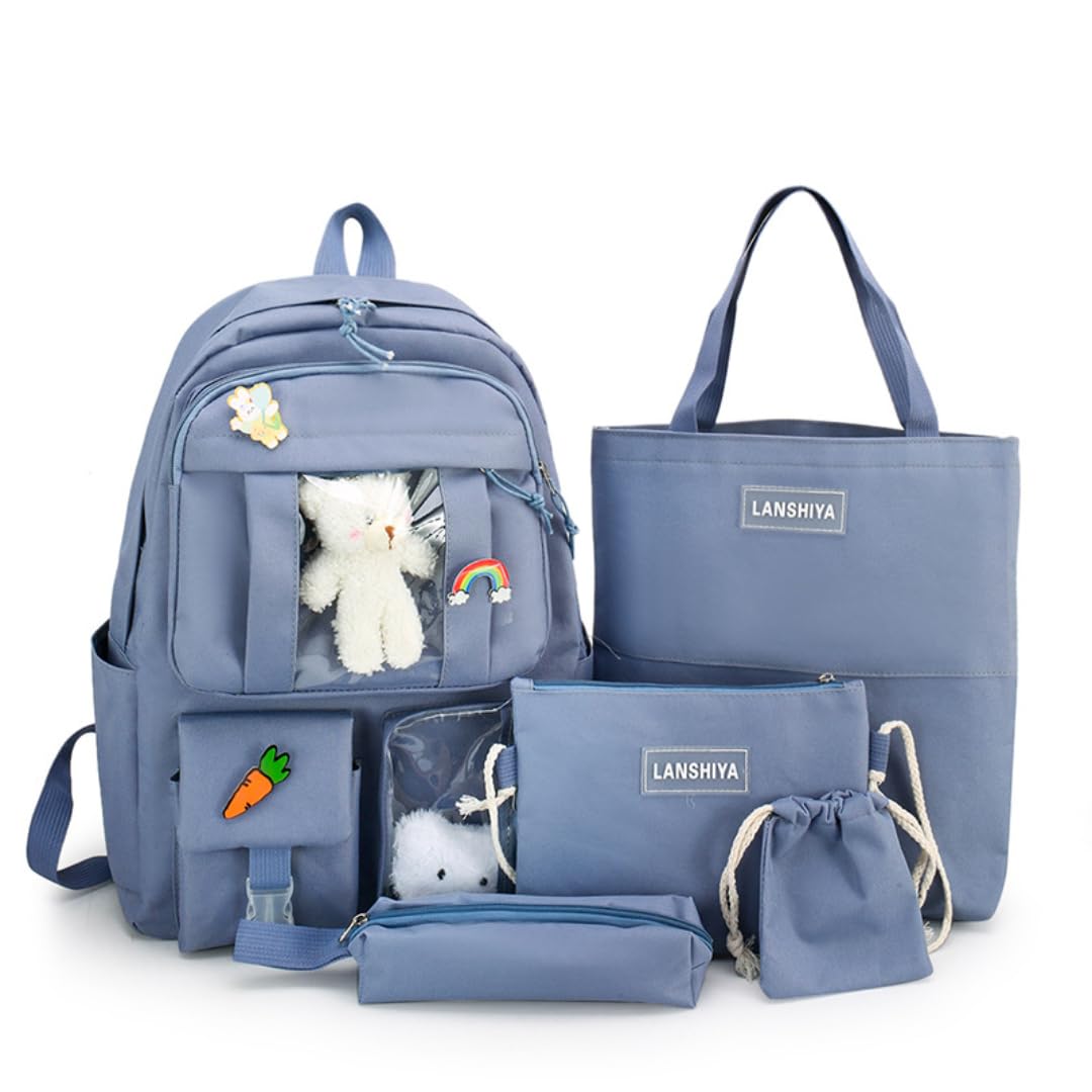 4Pcs Kawaii Cute Aesthetic Backpack Set for School with Accessories - Blue | Stylish Bookbag for Teens, College Students & Anime Lovers | Perfect for Daily Use, Travel & Cosplay