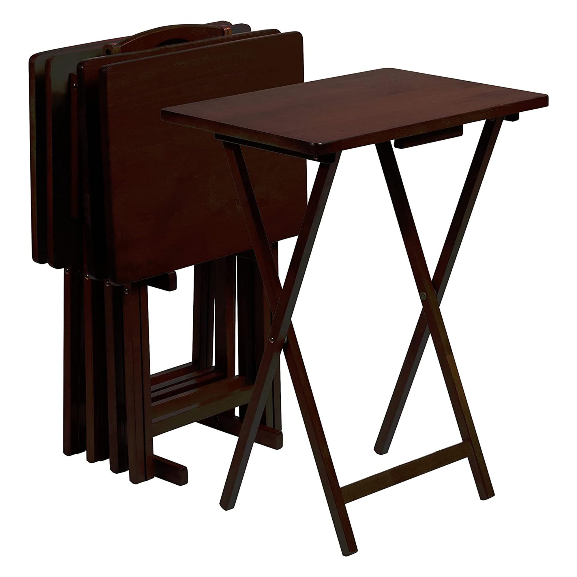 Premium Solid Wood Folding TV Tray Table with Storage Rack - Portable Snack Serving Tray for Living Room, Bedroom & Outdoor Use - Espresso Brown (Set of 7) - Perfect for Movie Nights, Breakfast in Bed & Patio Dining