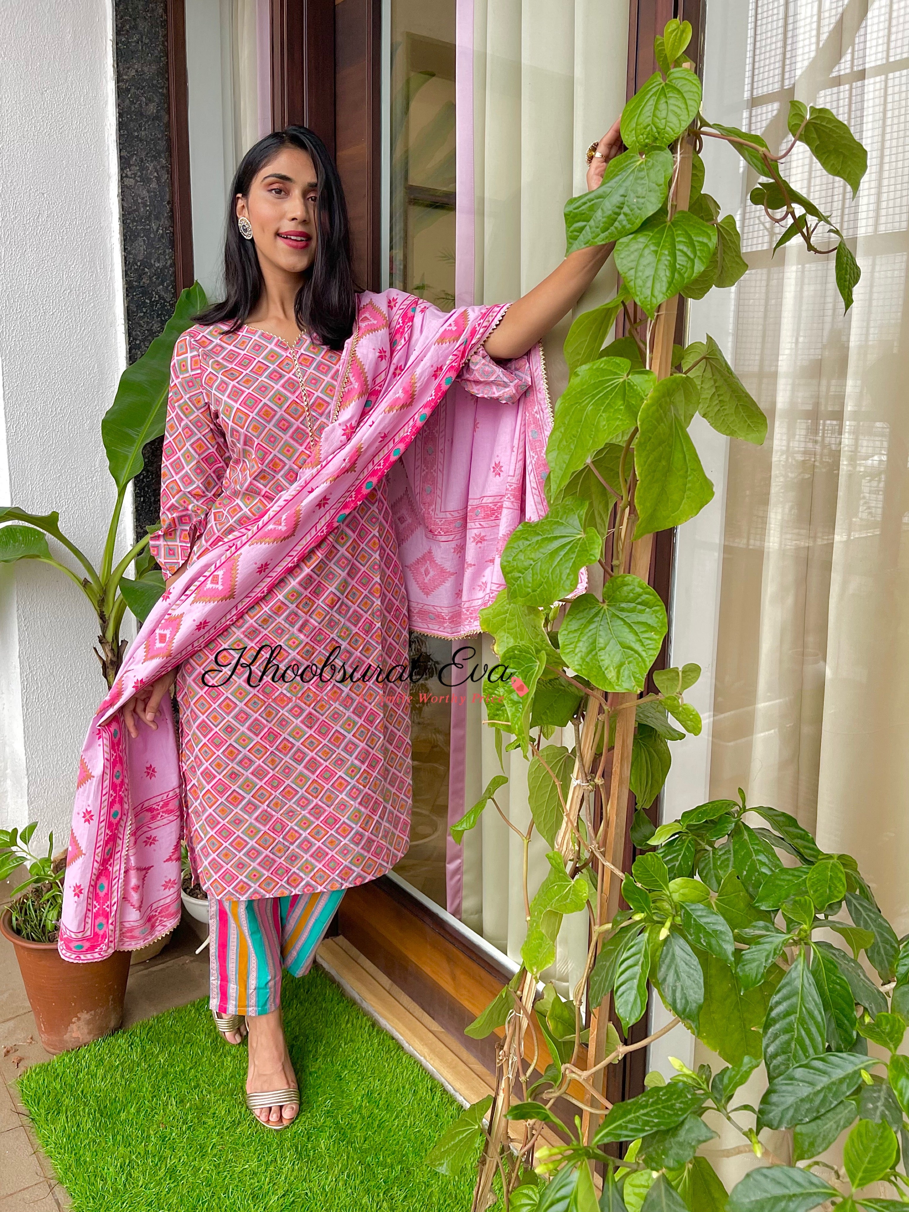 Pink Gota Cotton Printed Kurta Suit Set of 3 | Traditional Indian Ethnic Wear for Women | Perfect for Festivals, Weddings & Special Occasions