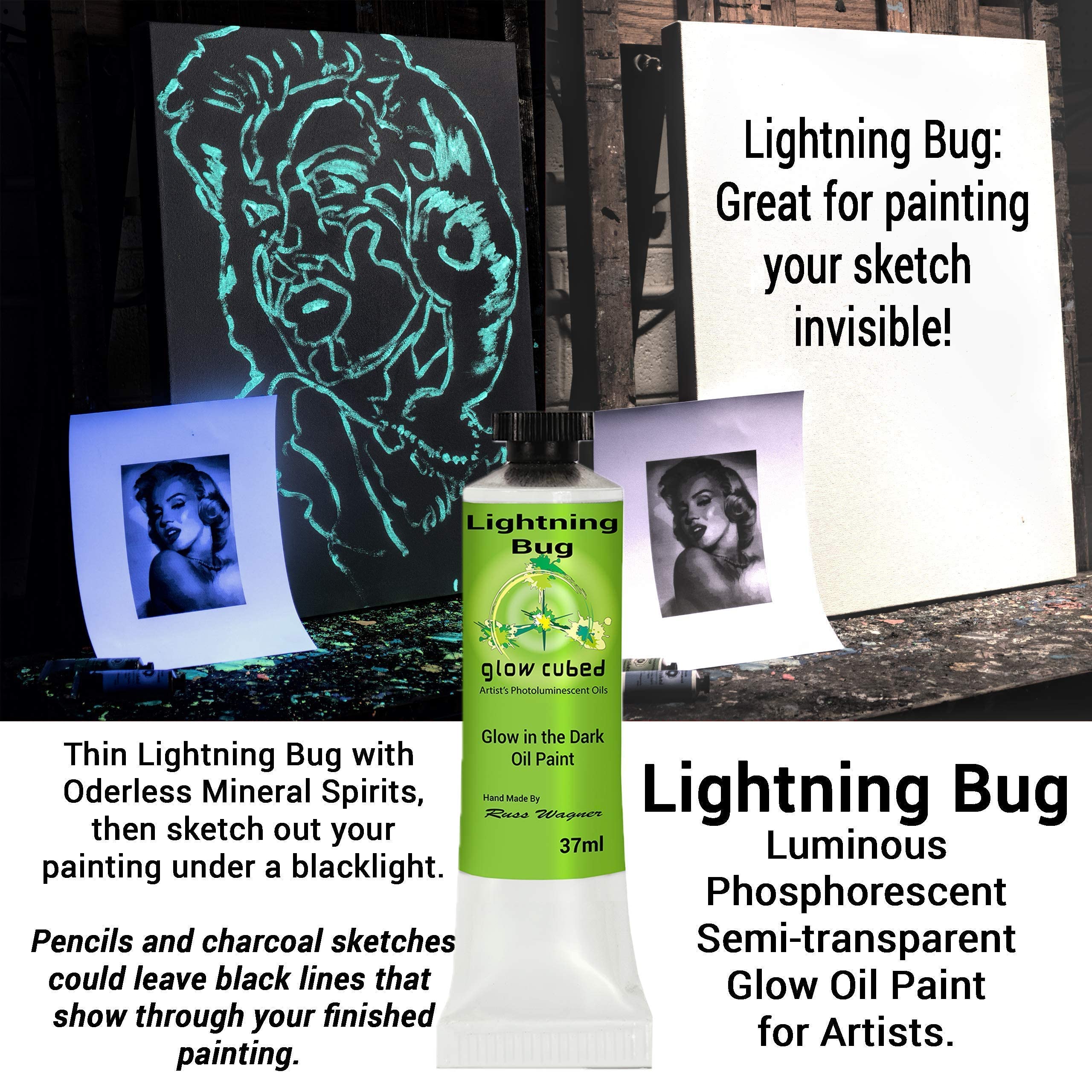 Glow in The Dark Professional Oil Paint Set - 10 Vibrant Colors with Lightning Bug 37ml for Canvas Art, Night Painting & DIY Projects