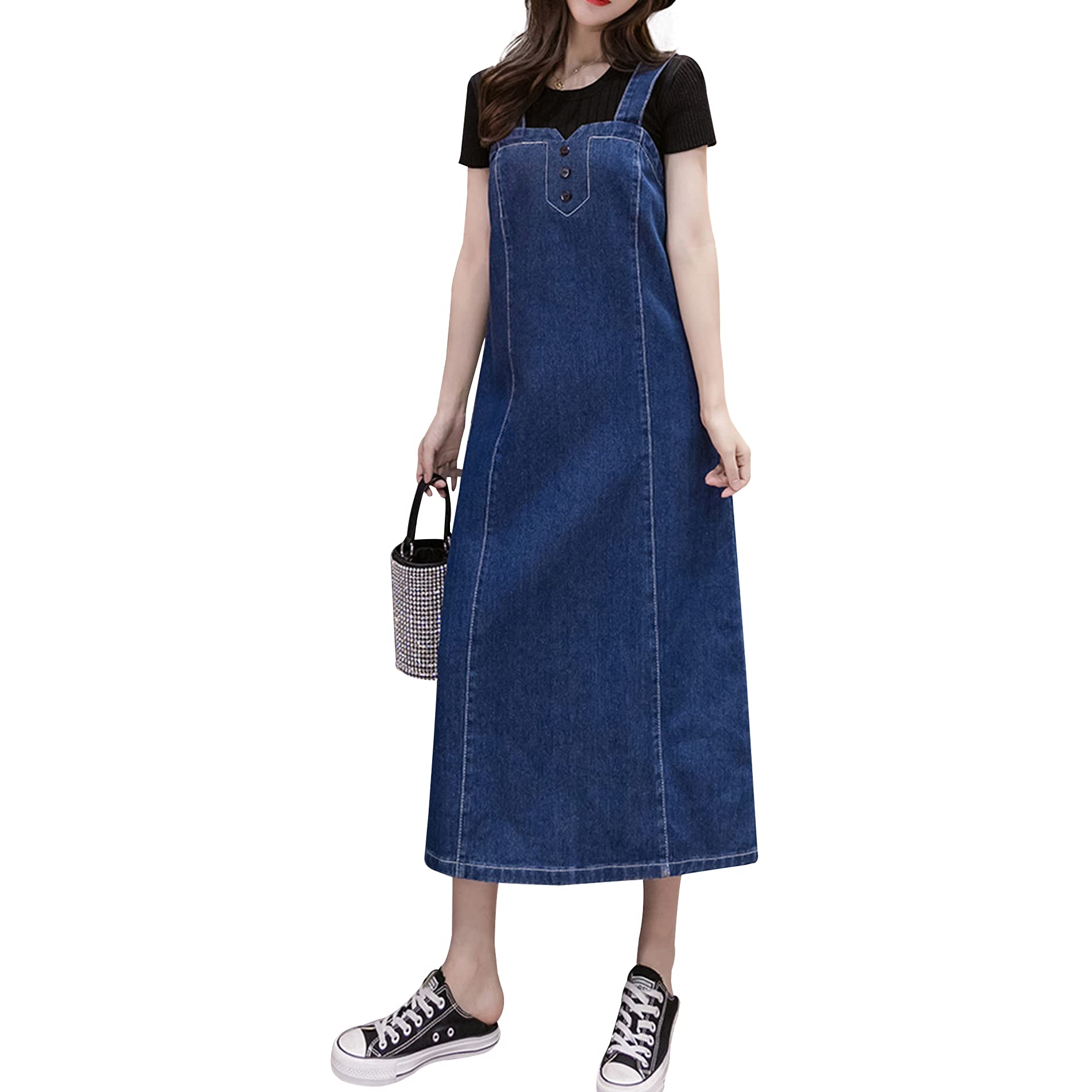 Songling Women's Casual Denim Overalls - Strap Bib Pinafore Jumper Dress, A-Line Midi Length for Spring/Summer, Perfect for Outings, Shopping & Casual Wear