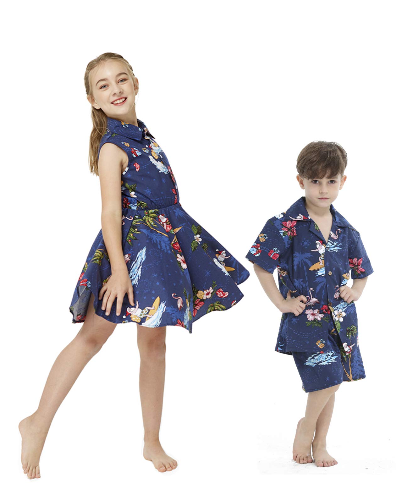 Hawaiian Luau Matching Siblings Outfit - Girl's Shirt Dress & Boy's Shirt - Santa in Hawaii Theme - Perfect for Family Vacations, Beach Parties, and Christmas in Hawaii
