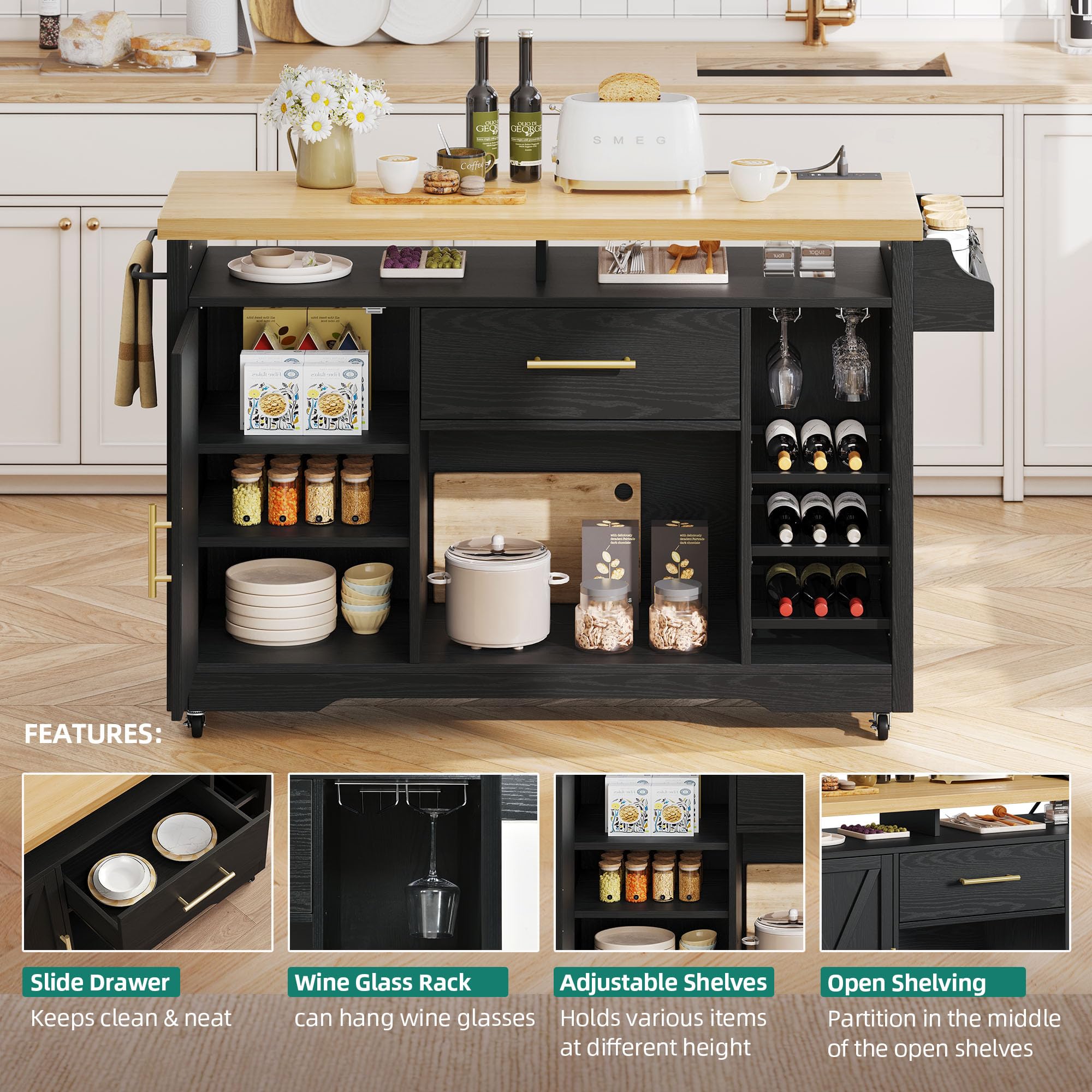 **YITAHOME 50-Inch Wide Black Kitchen Island with Power Outlet, Rolling Kitchen Cart with Wine Rack & Spice Rack, Mobile Storage Island with Glass Holder, Wheels for Easy Mobility – Perfect for Living Room, Kitchen, or Dining Area**
