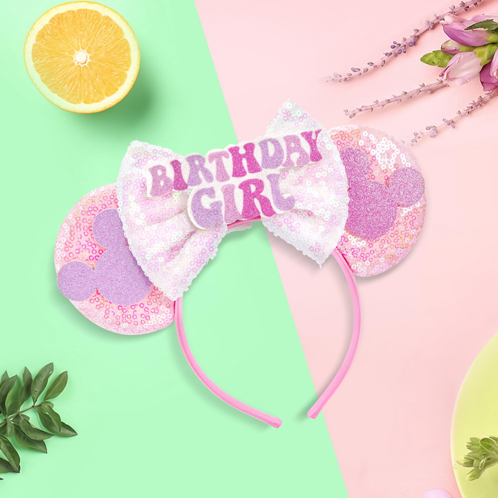 Pink Birthday Mouse Ears Headband for Women & Girls - Cute Birthday Party Hair Accessories & Decorations - Perfect for Disney Trips, Birthday Celebrations & Themed Parties