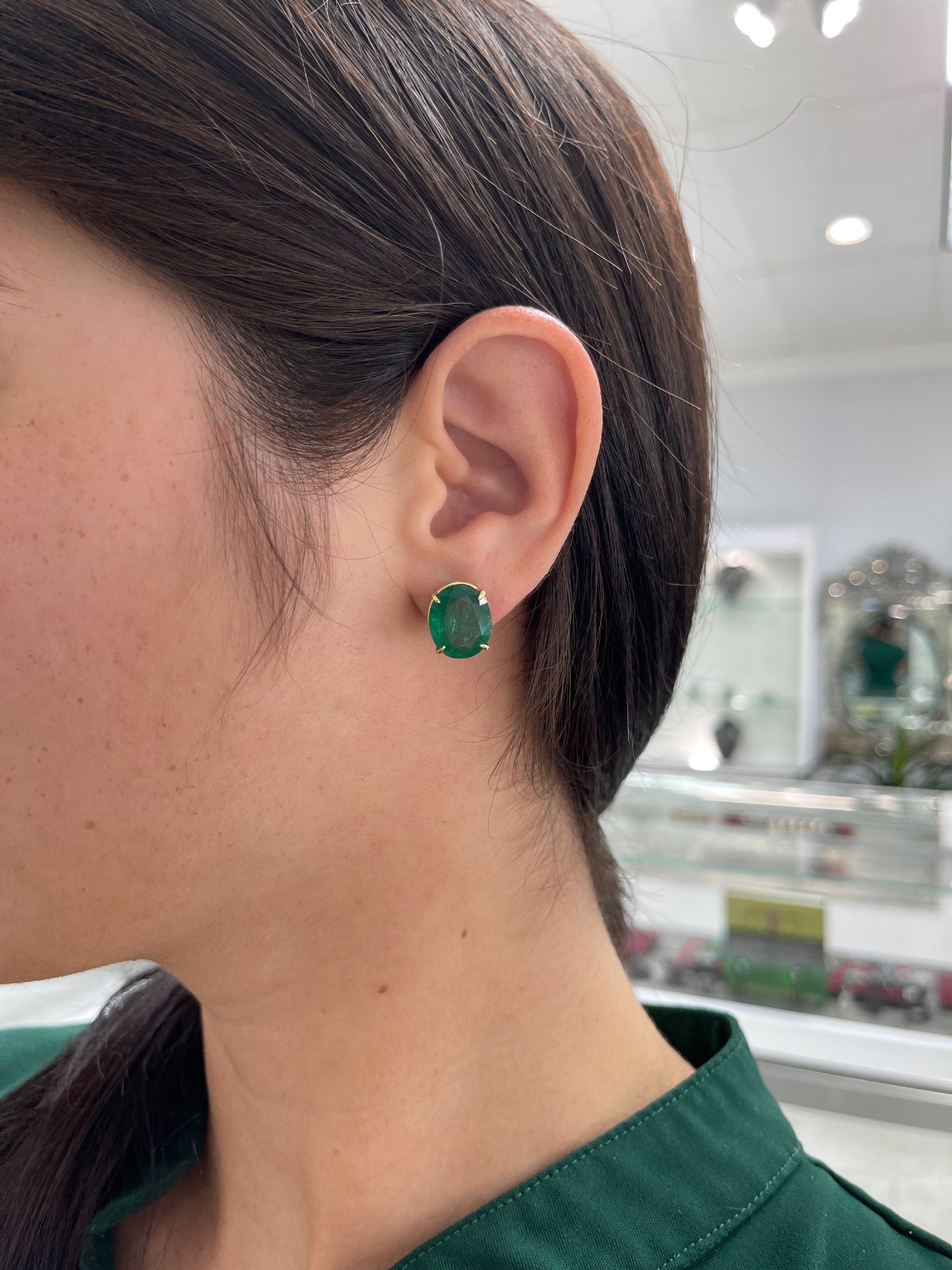 13.61tcw AAA Fine Quality HUGE Dark Green Zambian Oval Stud Earrings in 18K Gold - Perfect for Evening Parties, Weddings & Special Occasions