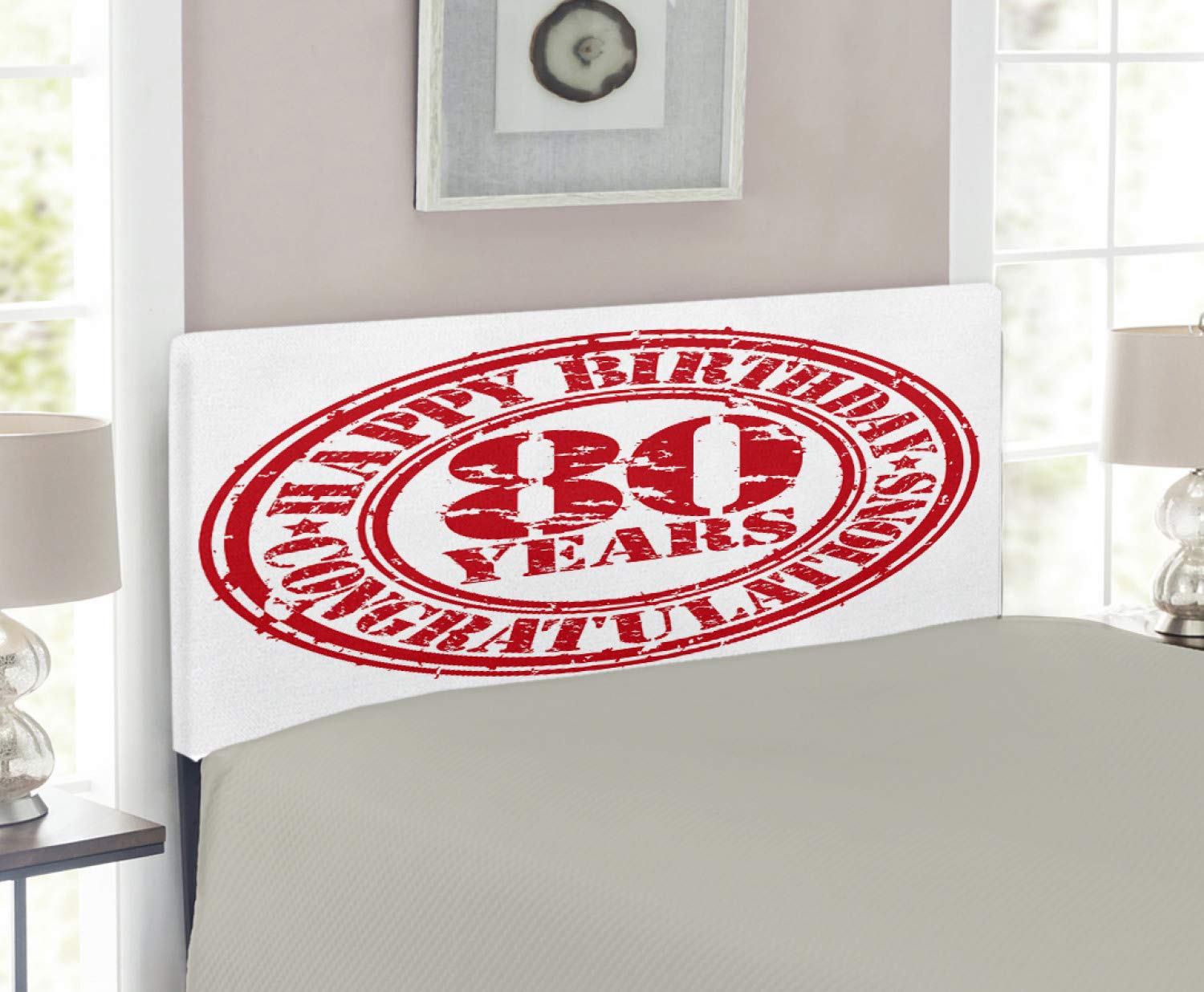 Ambesonne 80th Birthday Headboard - Retro Grunge Stamp Print Upholstered Metal Bed Headboard with Memory Foam, Twin Size (Red & White) - Perfect for Birthday Decorations & Bedroom Makeovers
